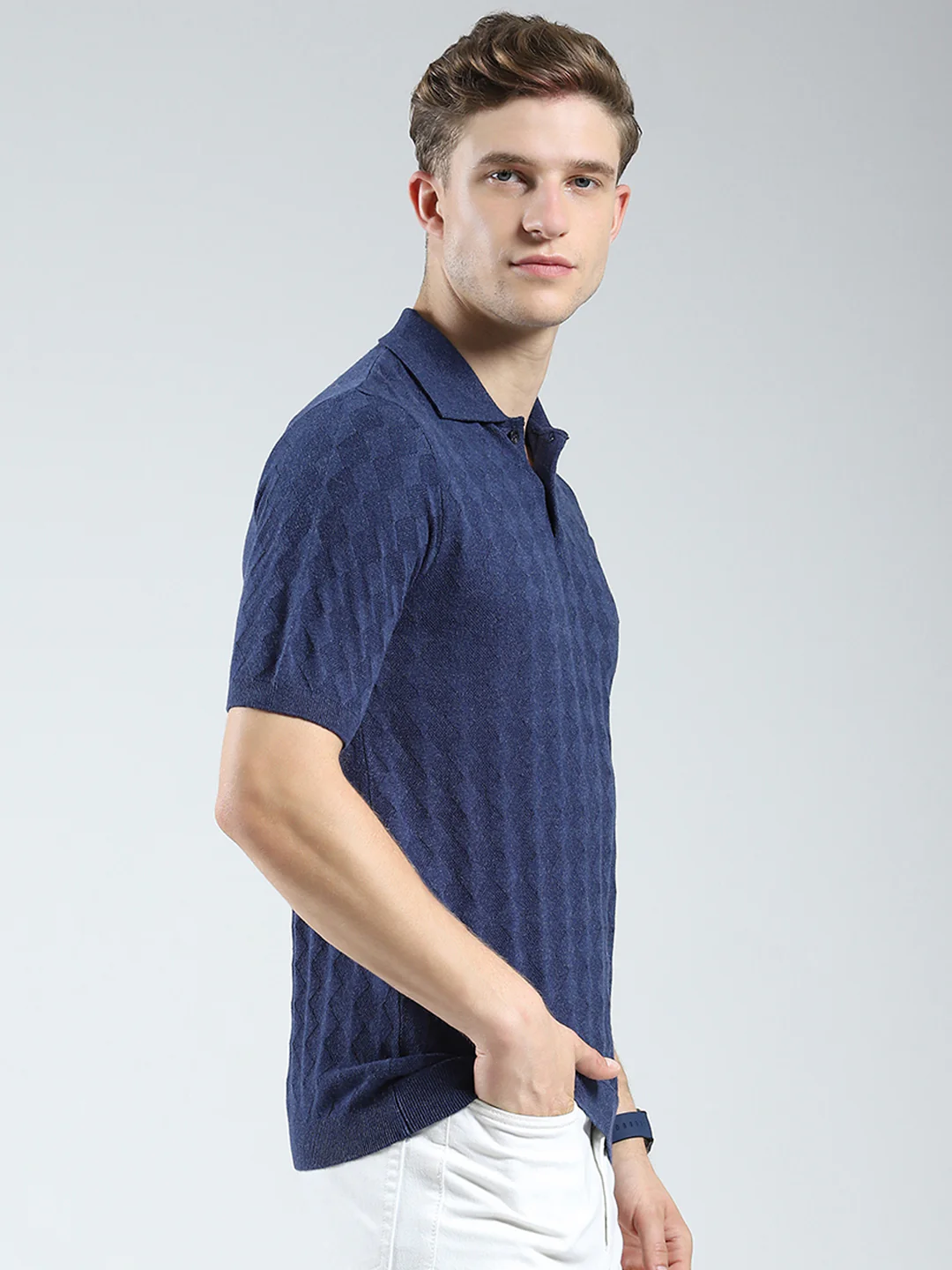 Luxuria Men Navy Blue Self Design Collar Half Sleeve T-Shirt - Image 4