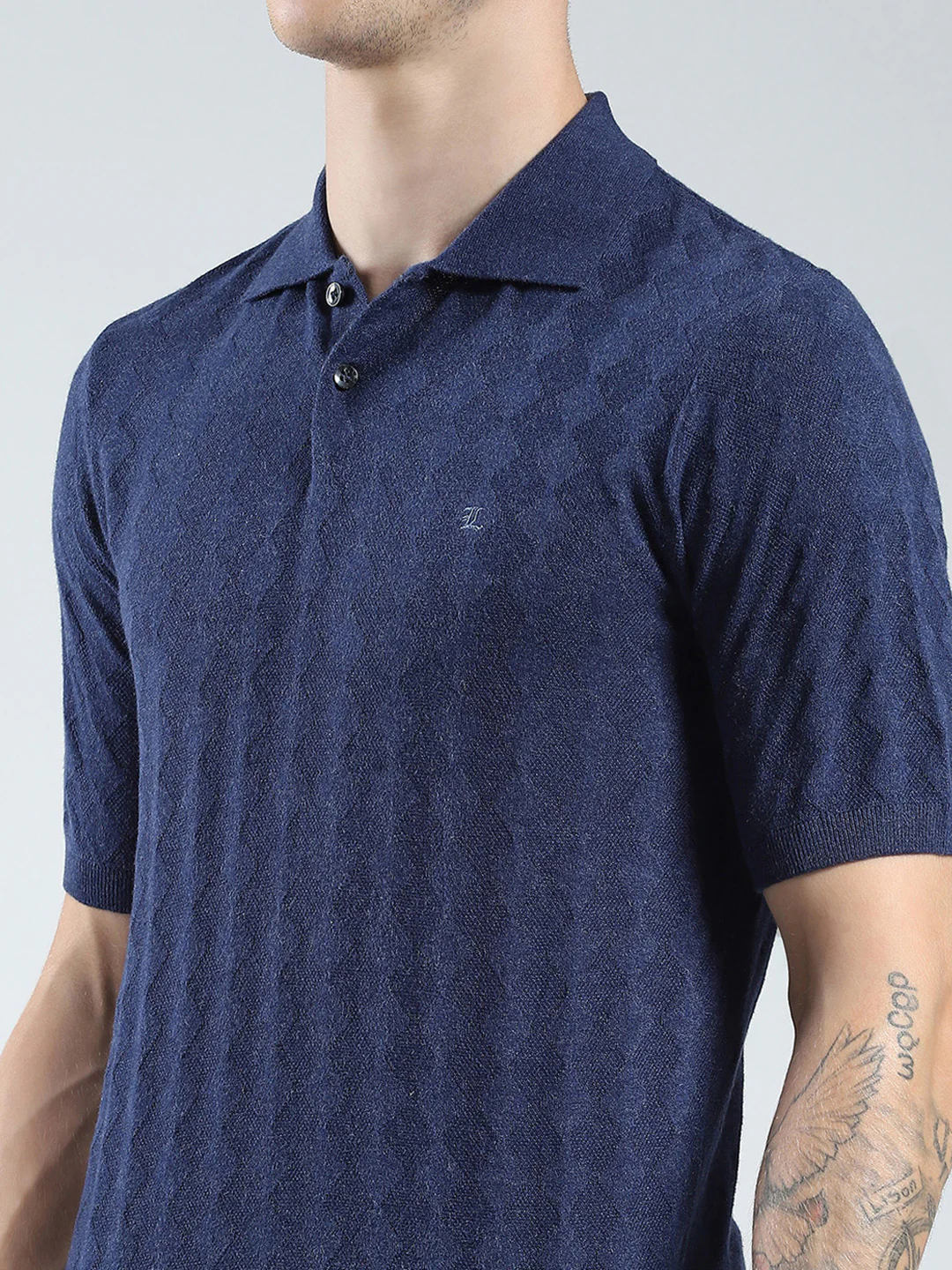Luxuria Men Navy Blue Self Design Collar Half Sleeve T-Shirt - Image 7
