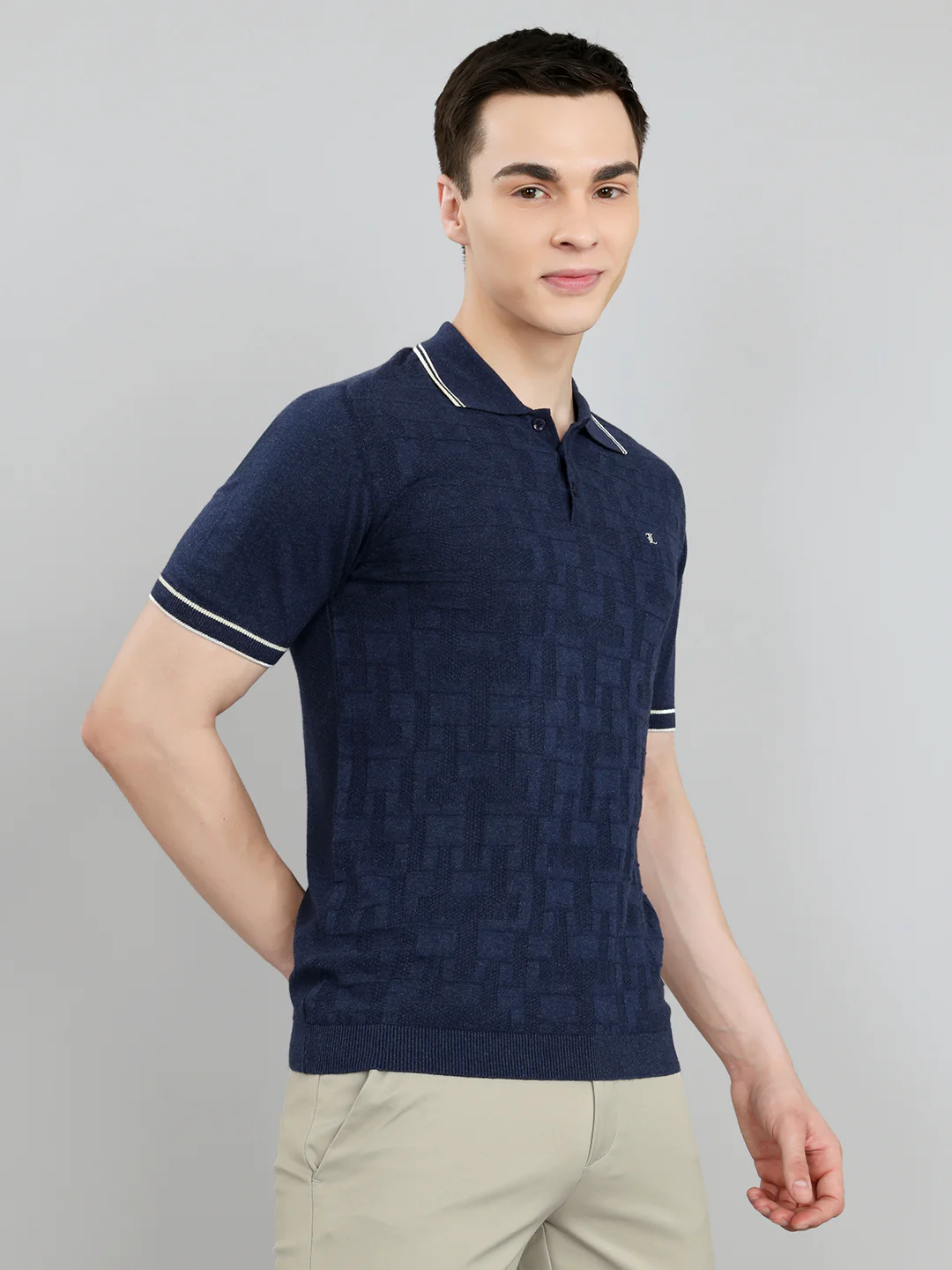Luxuria Men Navy Blue Self Design Collar Half Sleeve T-Shirt - Image 3