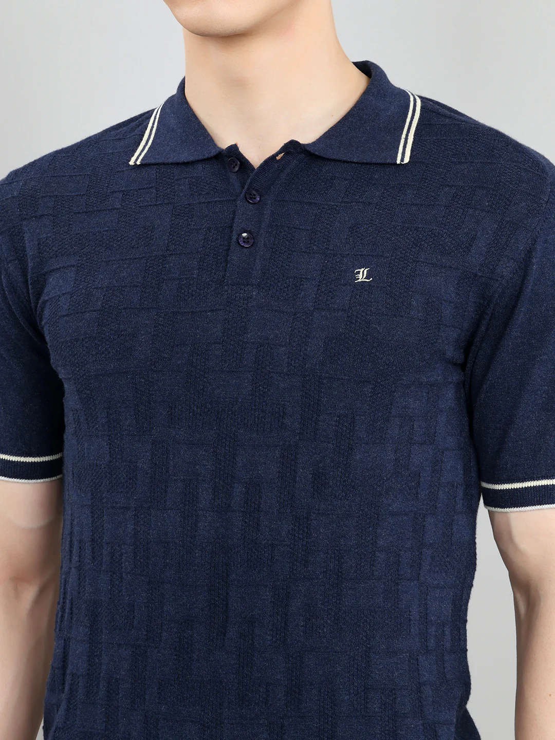Luxuria Men Navy Blue Self Design Collar Half Sleeve T-Shirt - Image 5