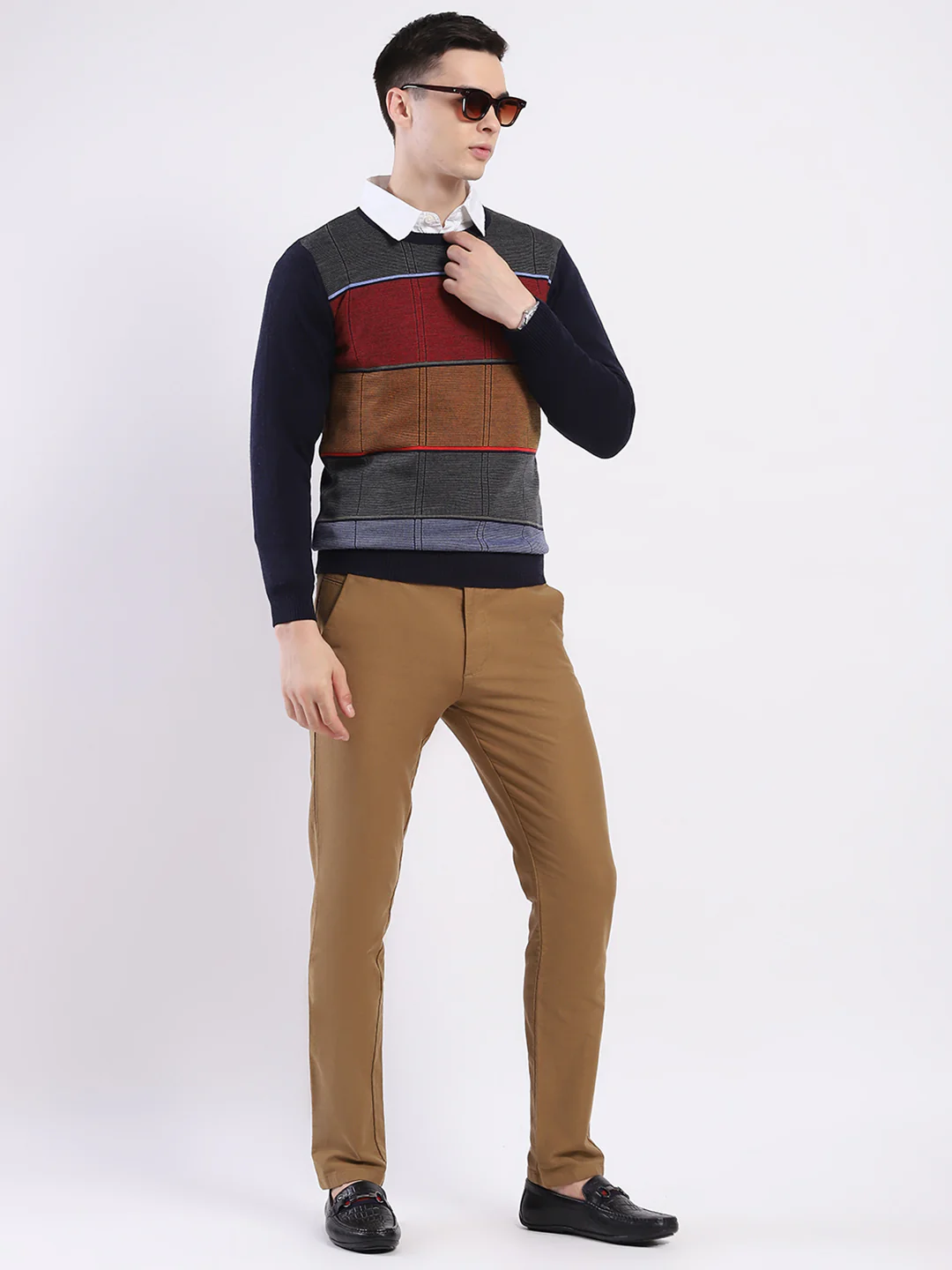 Luxuria Men Navy Blue Self Design Round Neck Full Sleeve Pullover - Image 2