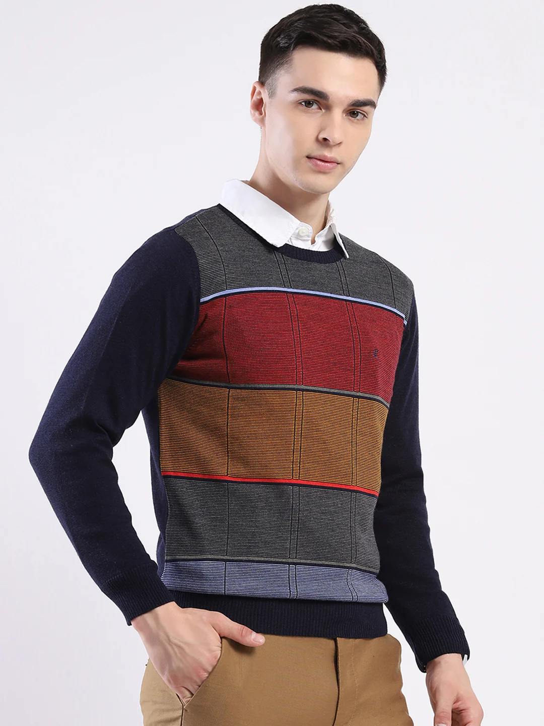 Luxuria Men Navy Blue Self Design Round Neck Full Sleeve Pullover - Image 4