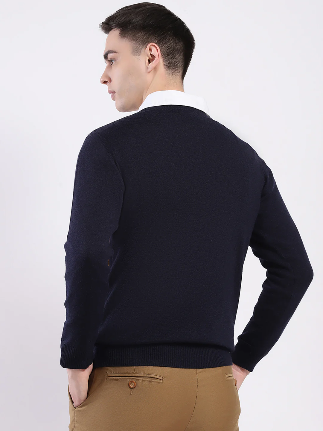 Luxuria Men Navy Blue Self Design Round Neck Full Sleeve Pullover - Image 5