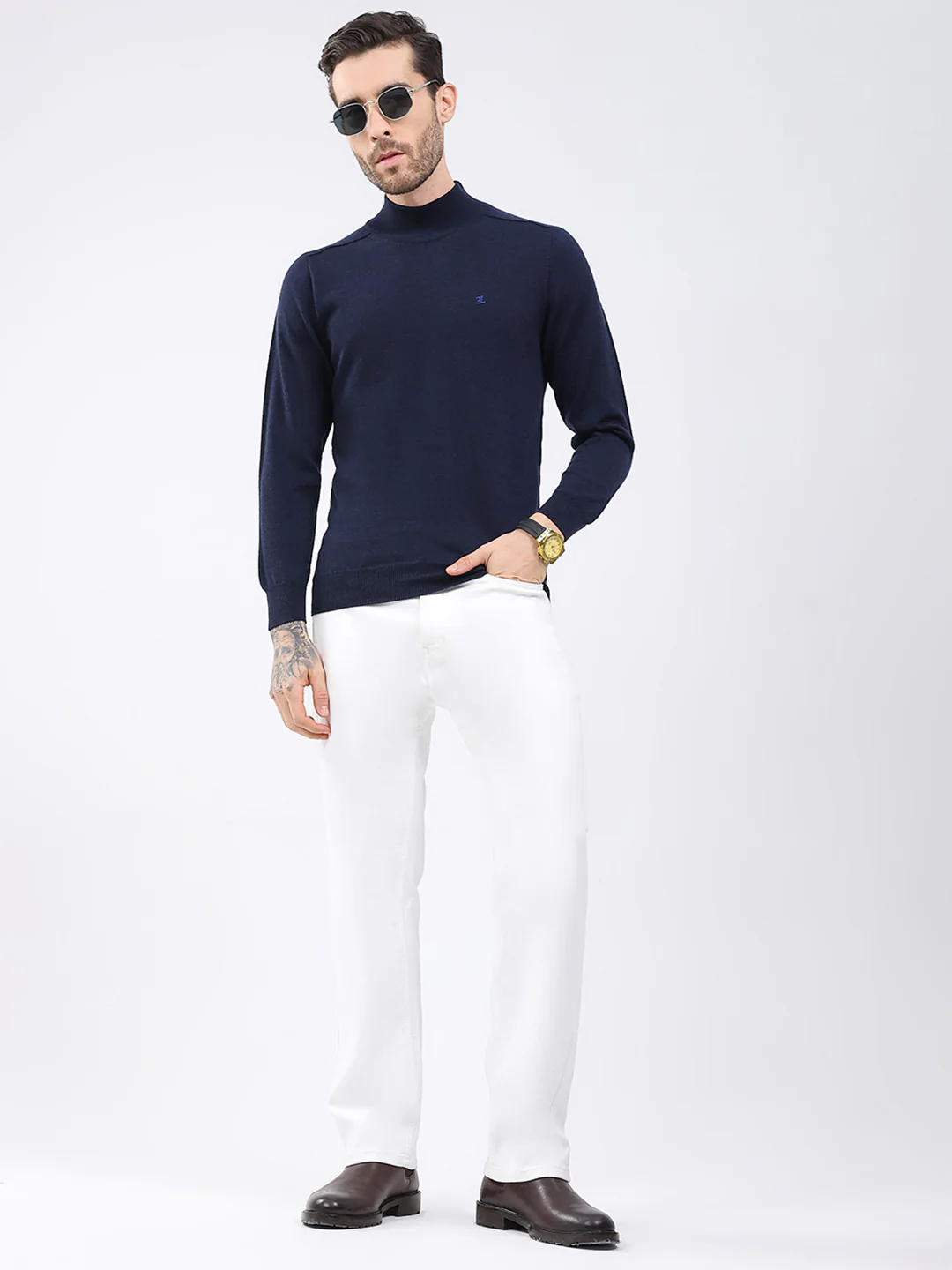Luxuria Men Navy Blue Solid High Neck Full Sleeve Pullover - Image 2