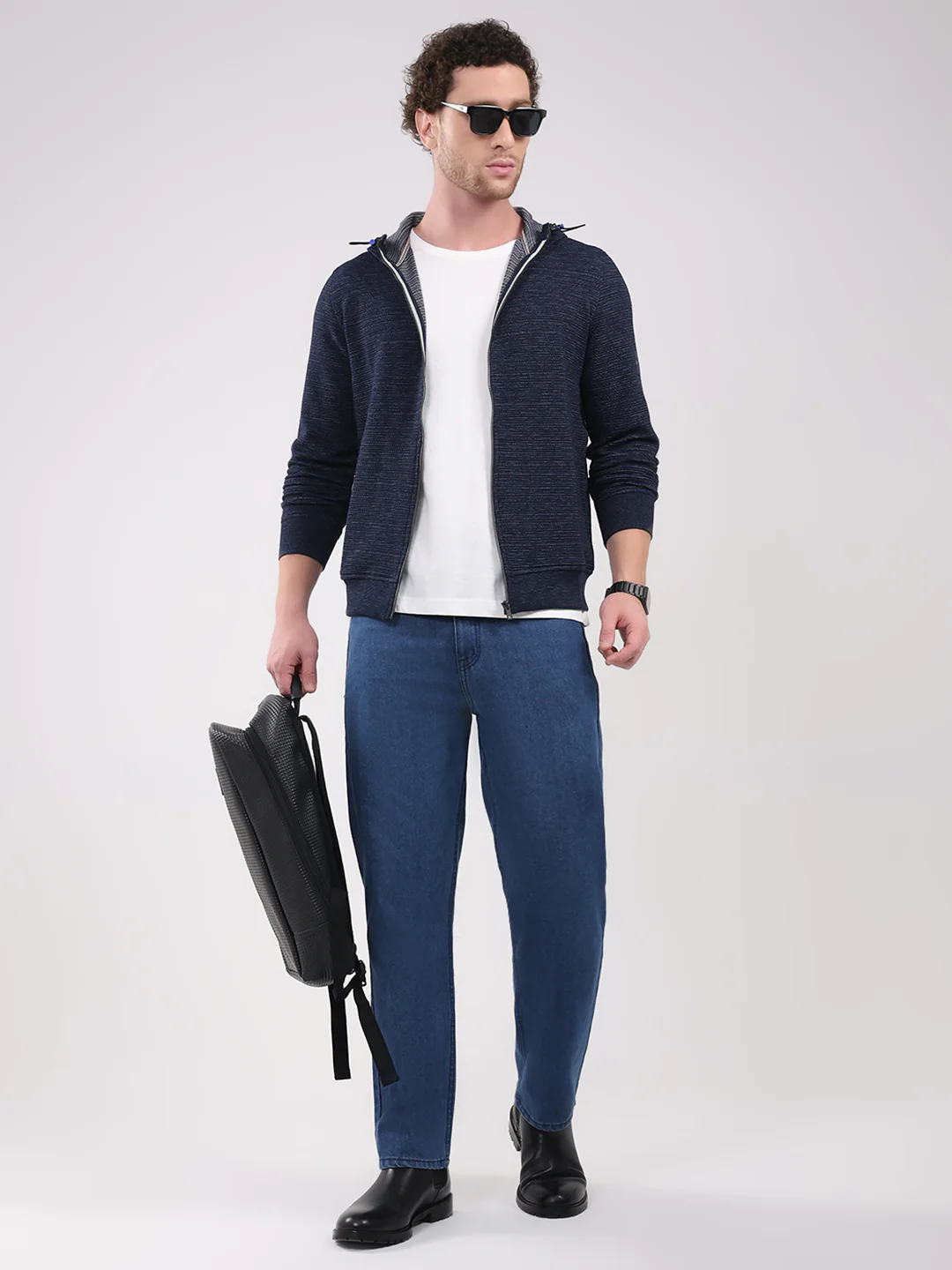 Luxuria Men Navy Blue Solid Hooded Full Sleeve Sweatshirt - Image 2