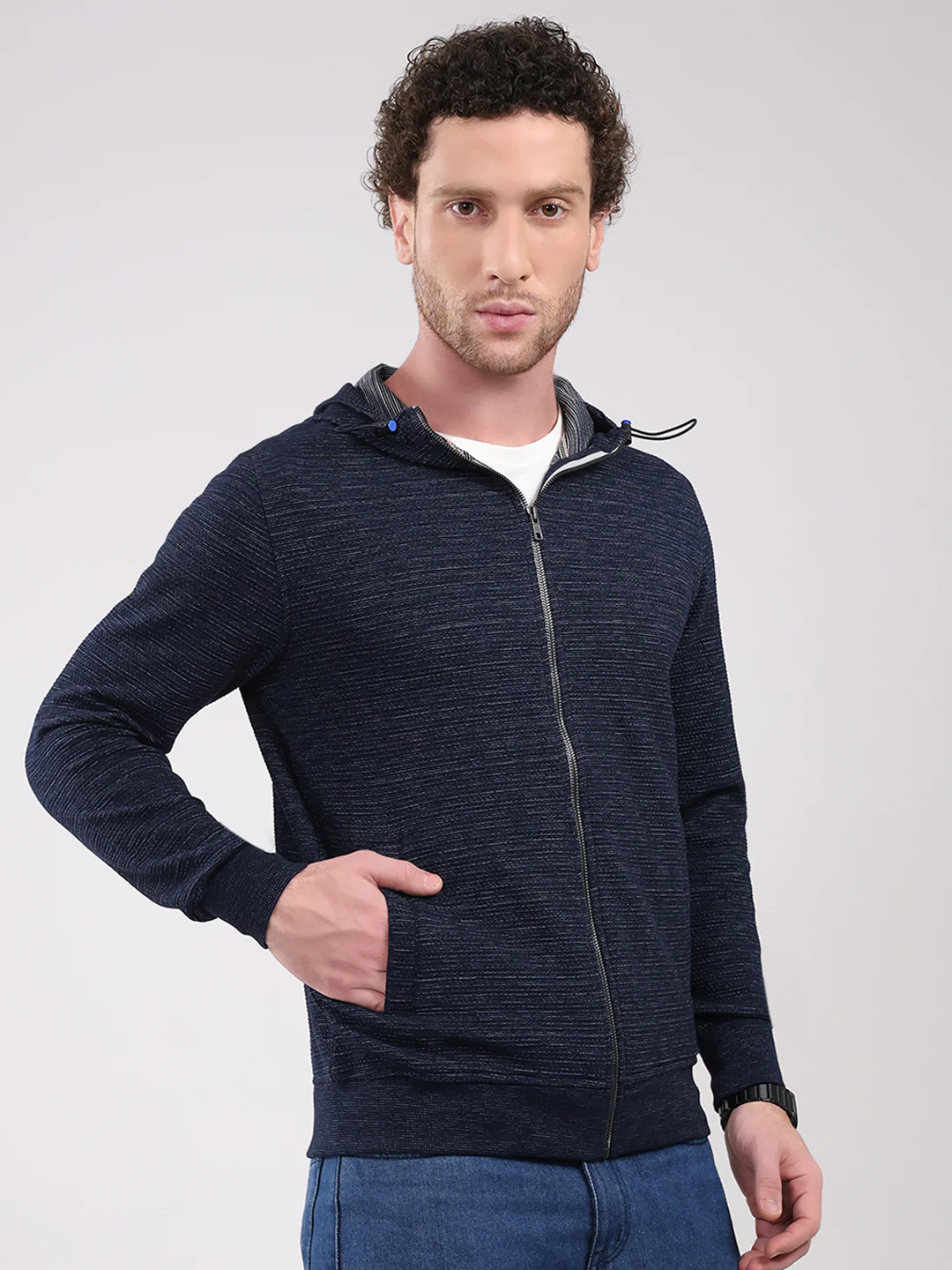 Luxuria Men Navy Blue Solid Hooded Full Sleeve Sweatshirt - Image 4