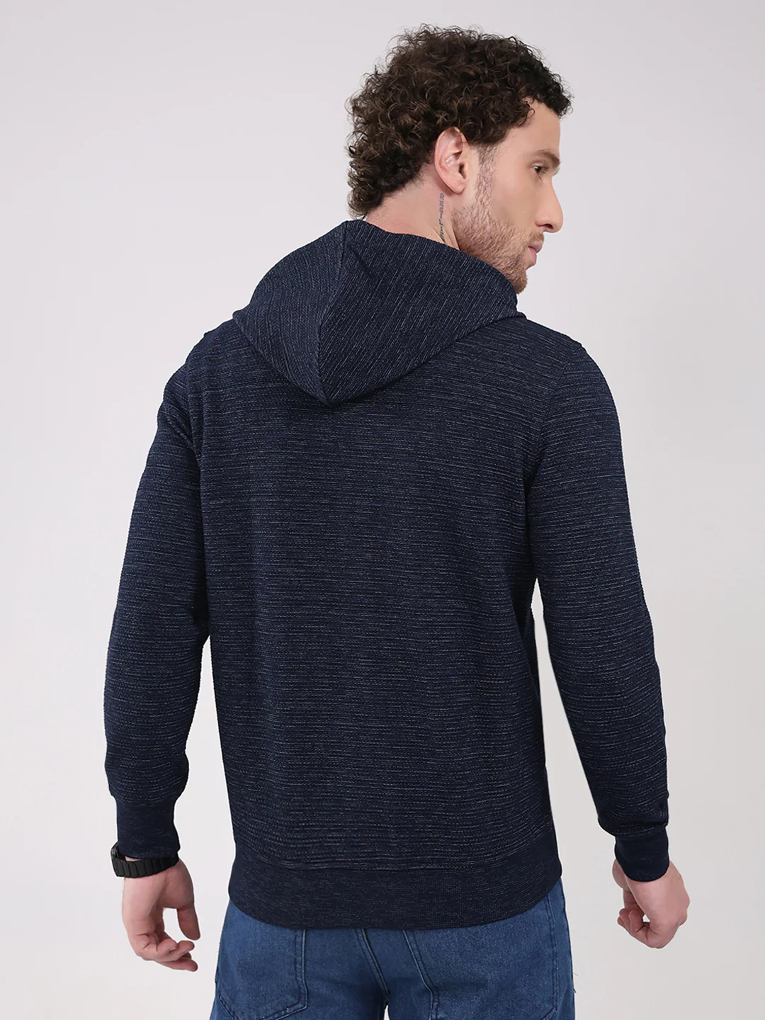 Luxuria Men Navy Blue Solid Hooded Full Sleeve Sweatshirt - Image 5