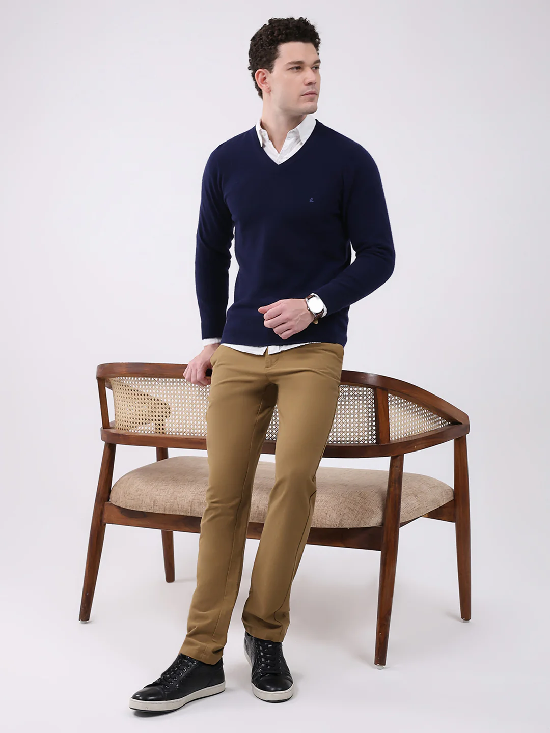Luxuria Men Navy Blue Solid V Neck Full Sleeve Pullover - Image 2