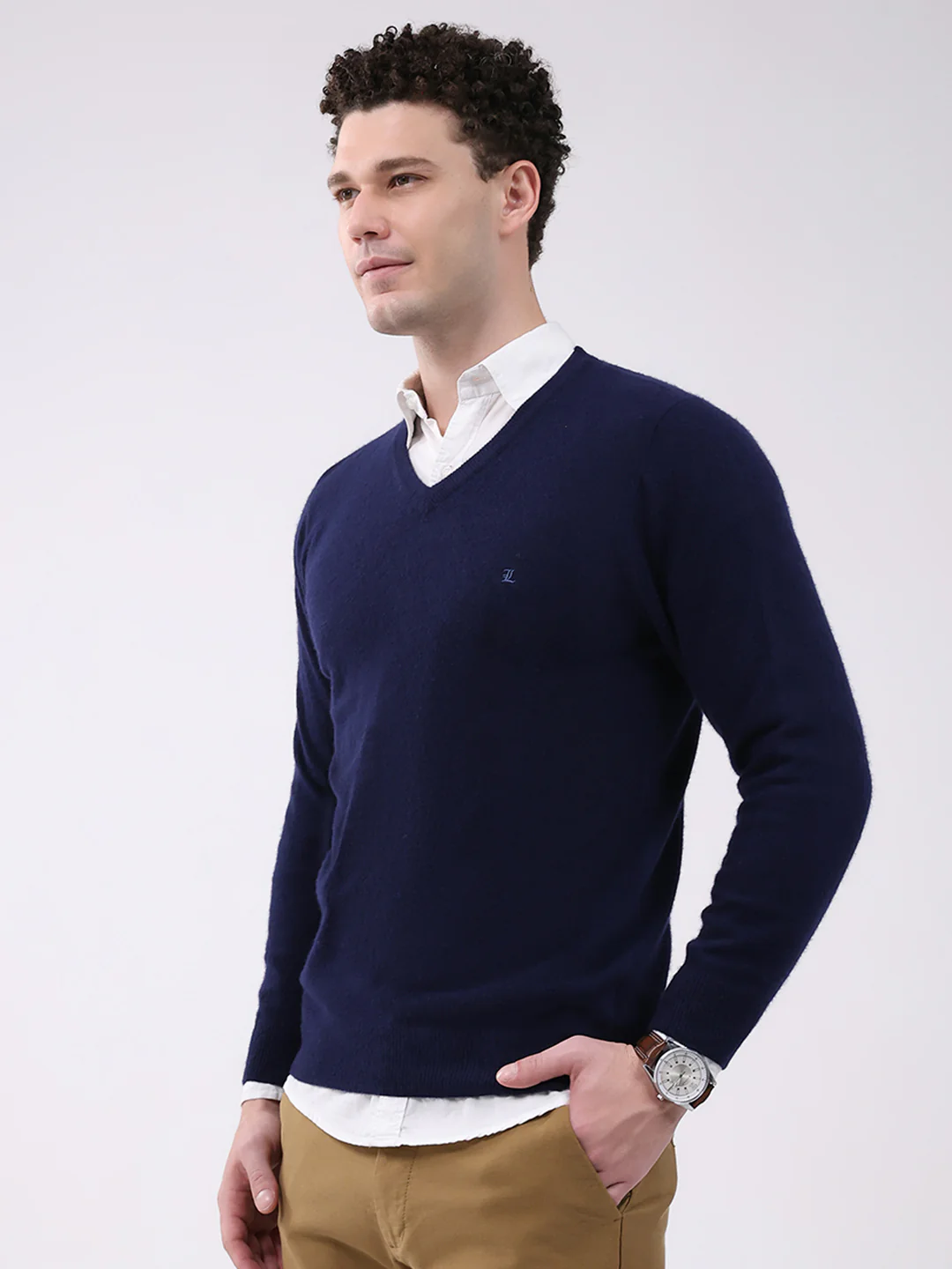 Luxuria Men Navy Blue Solid V Neck Full Sleeve Pullover - Image 3