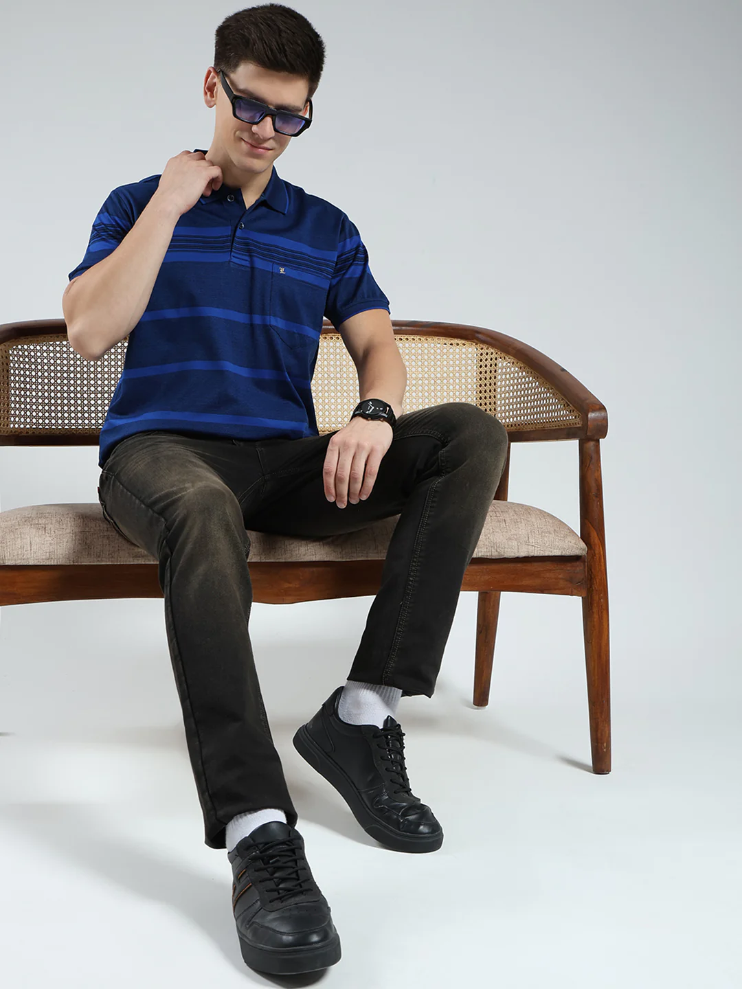 Luxuria Men Navy Blue Stripe Collar Half Sleeve T-Shirt - Image 2