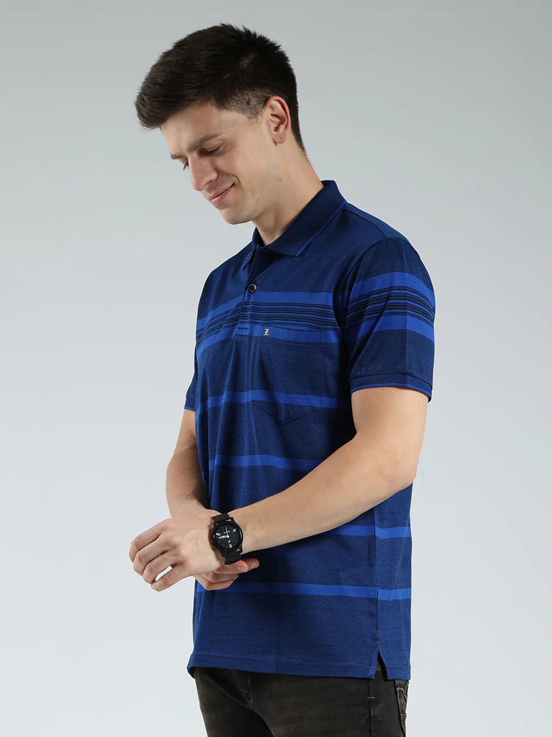 Luxuria Men Navy Blue Stripe Collar Half Sleeve T-Shirt - Image 3