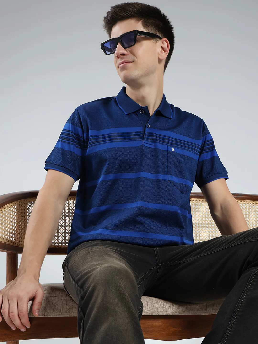 Luxuria Men Navy Blue Stripe Collar Half Sleeve T-Shirt - Image 6