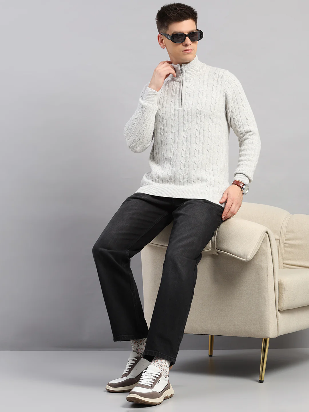 Luxuria Men Off White Self Design Round Neck Full Sleeve Pullover - Image 2