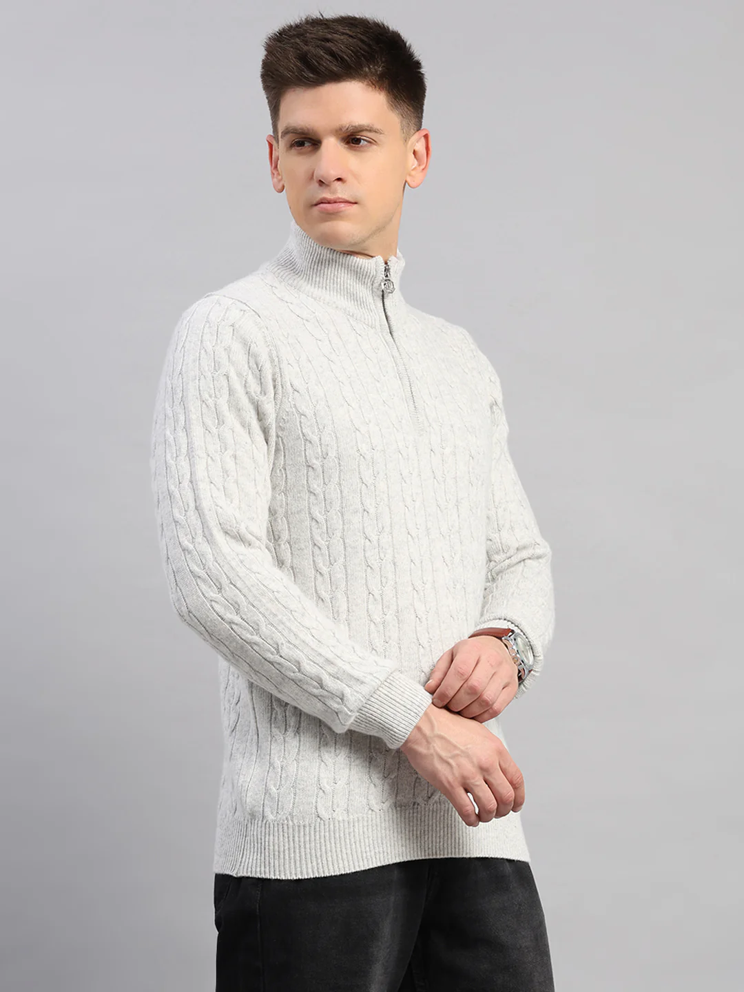 Luxuria Men Off White Self Design Round Neck Full Sleeve Pullover - Image 4