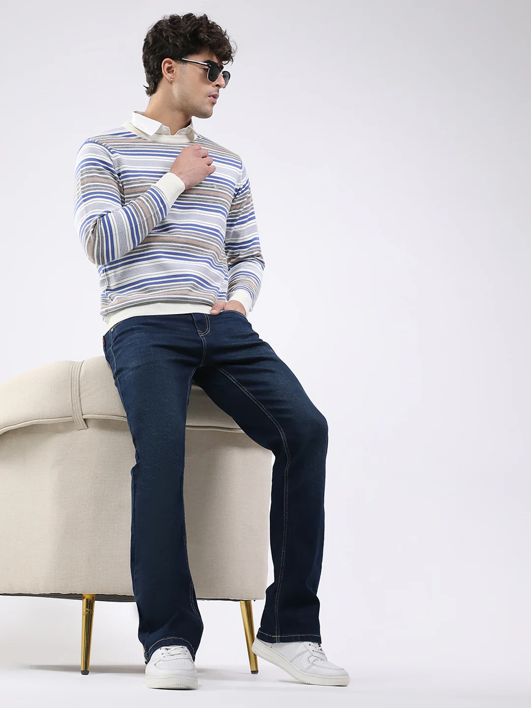 Luxuria Men Off White Self Design Round Neck Full Sleeve Pullover - Image 2