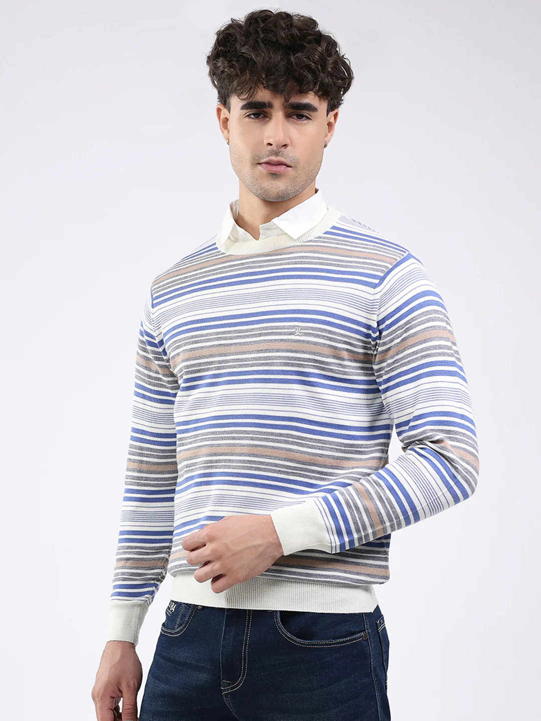 Luxuria Men Off White Self Design Round Neck Full Sleeve Pullover - Image 3