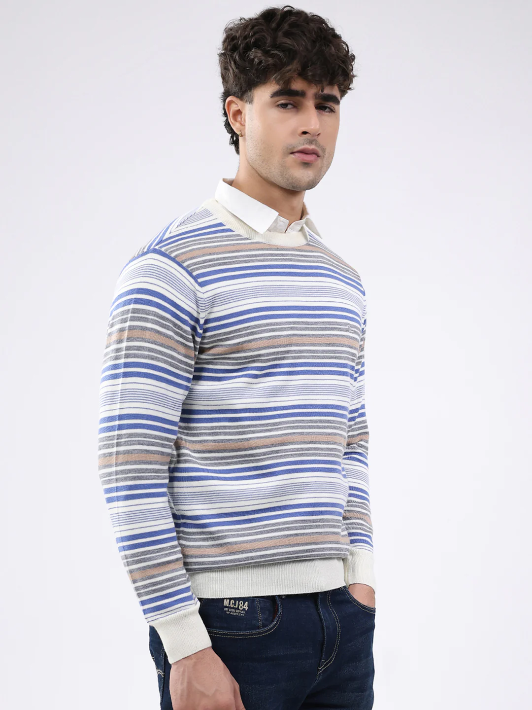Luxuria Men Off White Self Design Round Neck Full Sleeve Pullover - Image 4