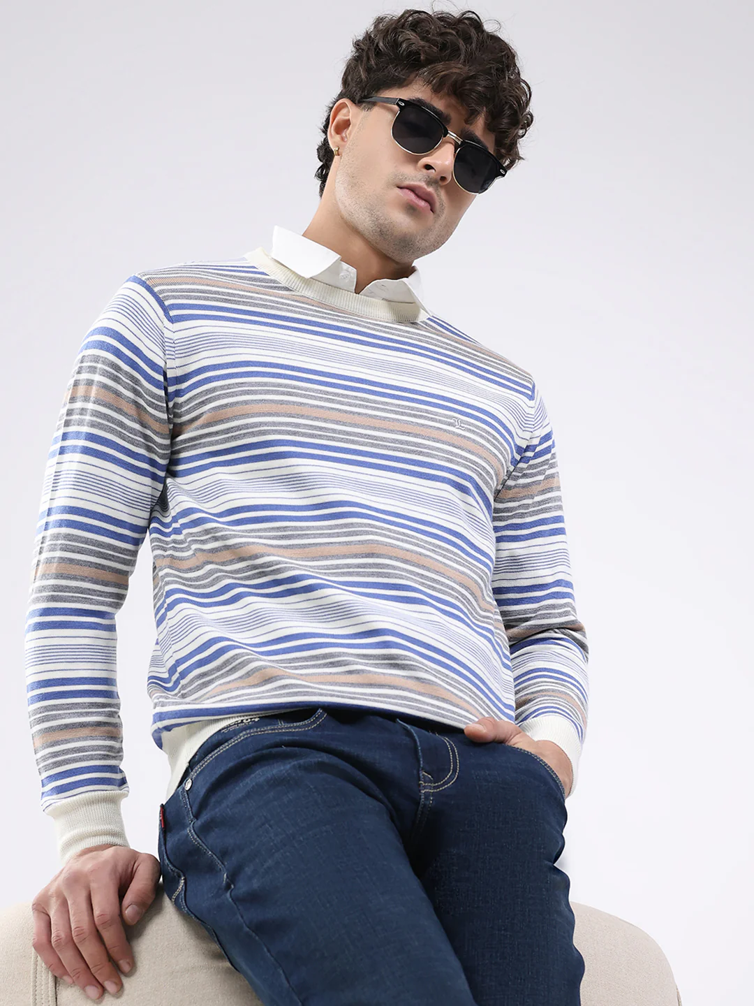Luxuria Men Off White Self Design Round Neck Full Sleeve Pullover - Image 6