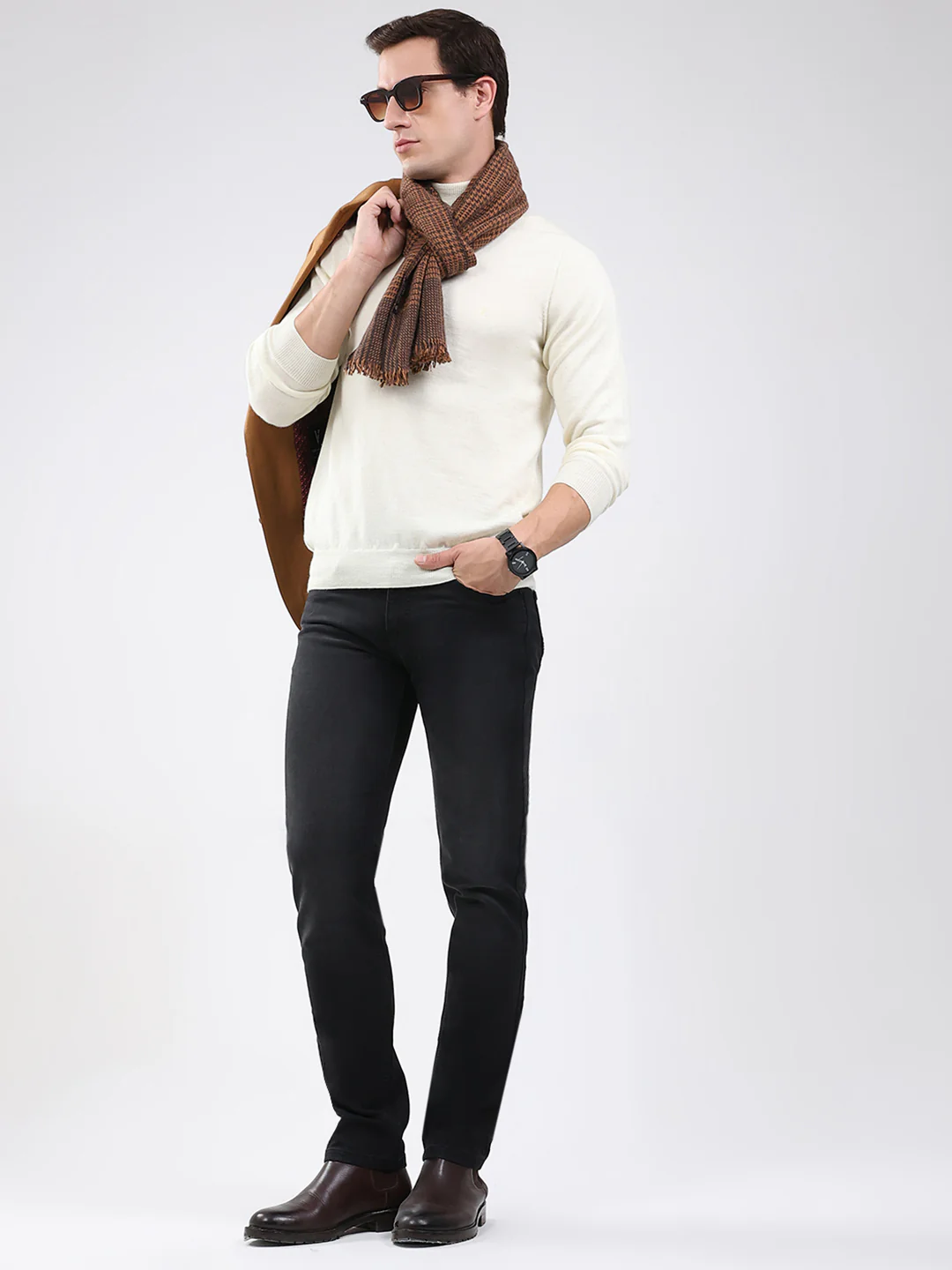 Luxuria Men Off White Solid High Neck Full Sleeve Pullover - Image 2