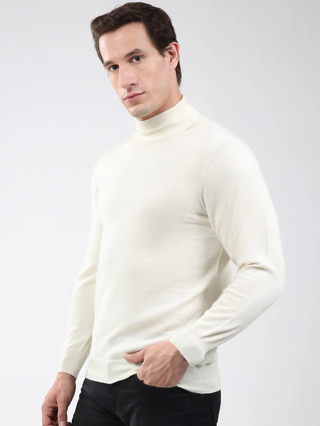 Luxuria Men Off White Solid High Neck Full Sleeve Pullover - Image 3