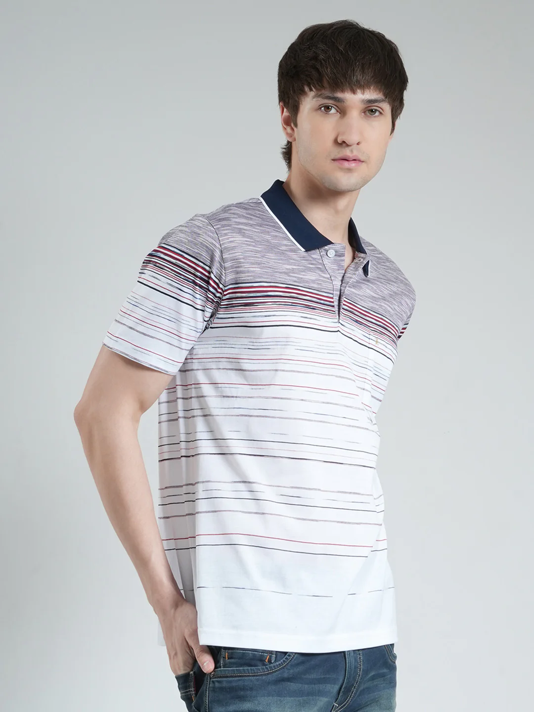 Luxuria Men Off White Stripe Collar Half Sleeve T-Shirt - Image 4