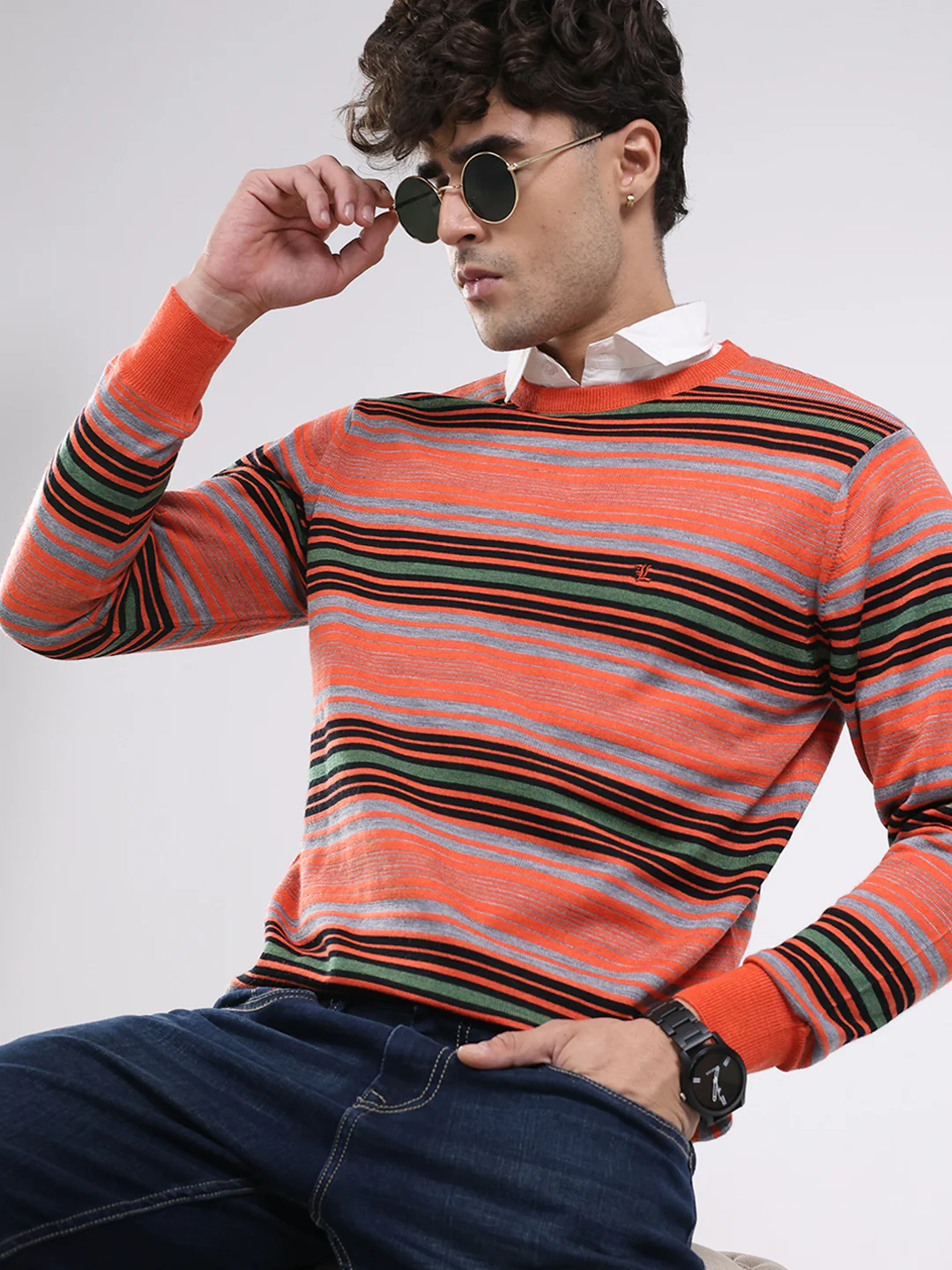 Luxuria Men Orange Self Design Round Neck Full Sleeve Pullover - Image 6