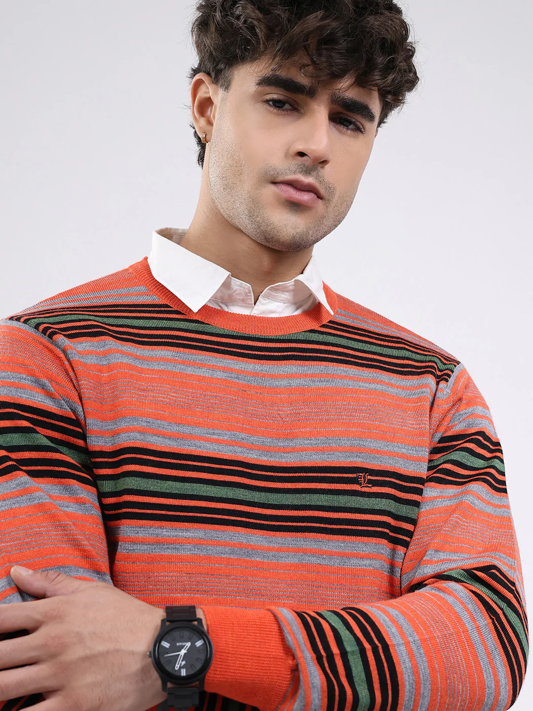 Luxuria Men Orange Self Design Round Neck Full Sleeve Pullover - Image 7