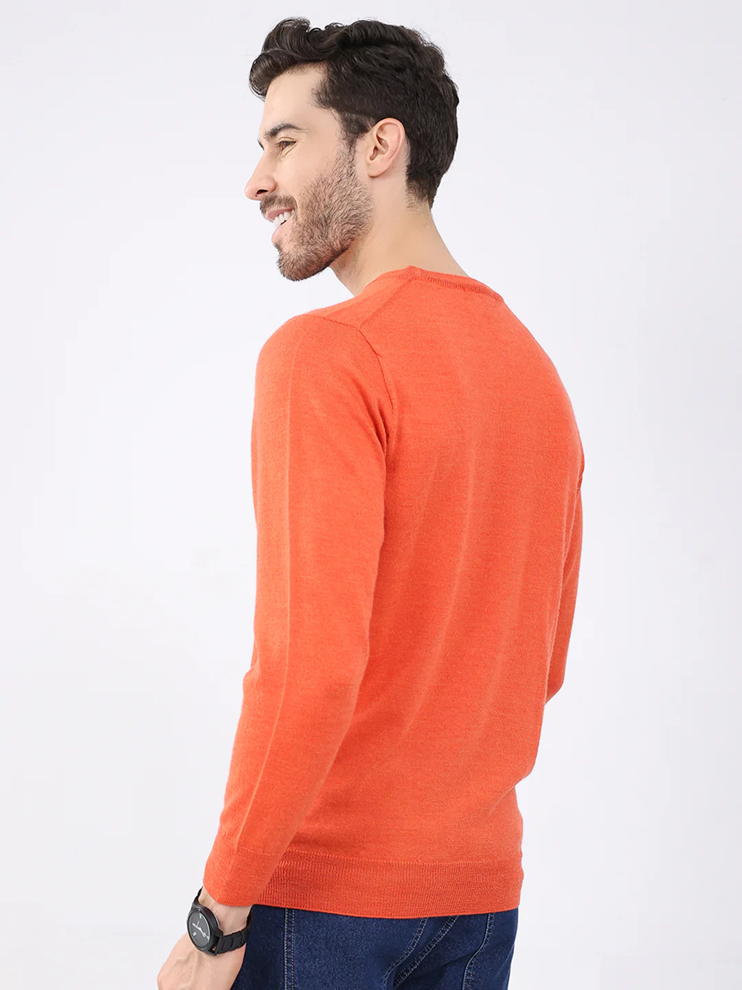 Luxuria Men Orange Solid Round Neck Full Sleeve Pullover - Image 5