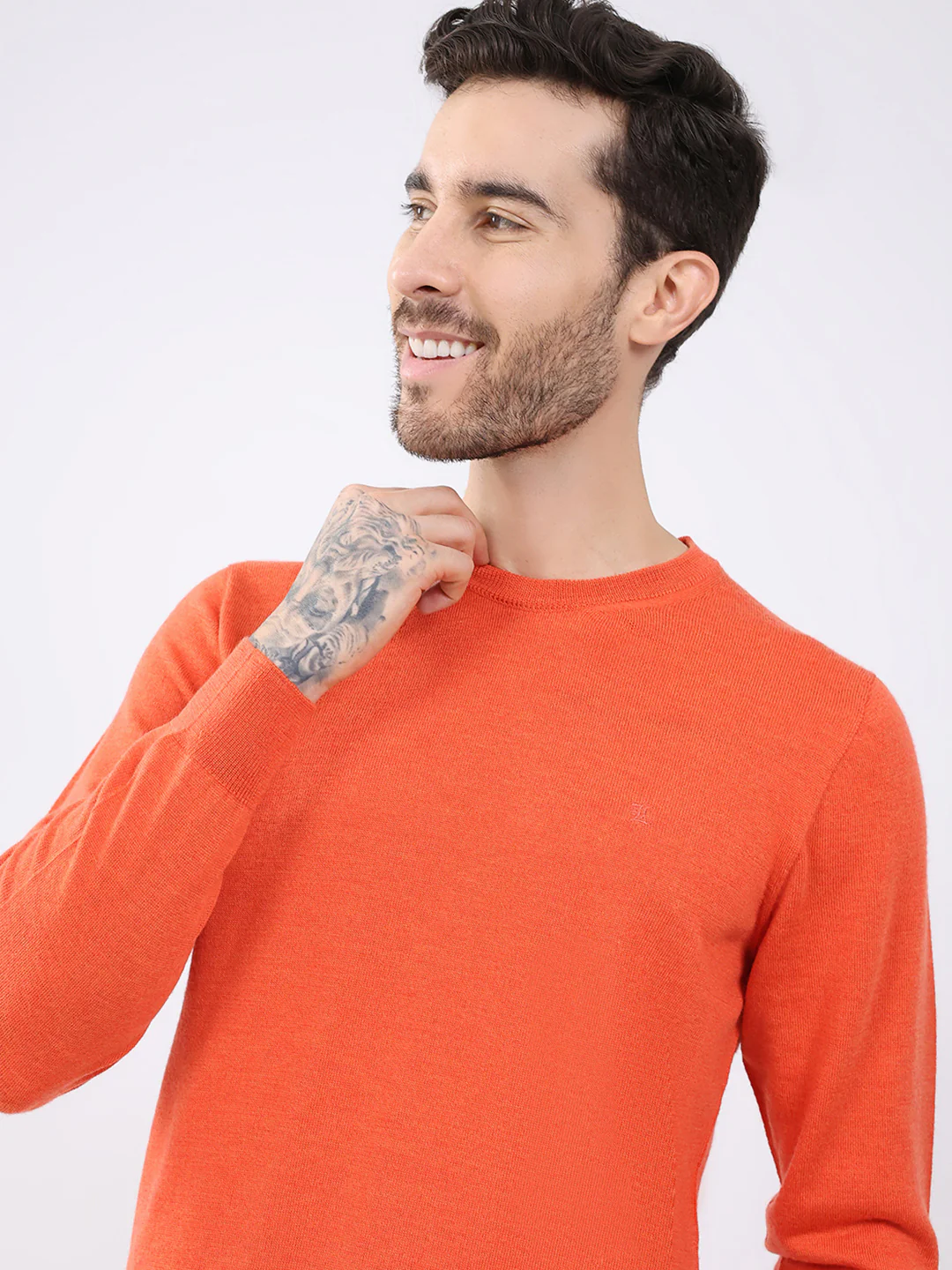Luxuria Men Orange Solid Round Neck Full Sleeve Pullover - Image 7