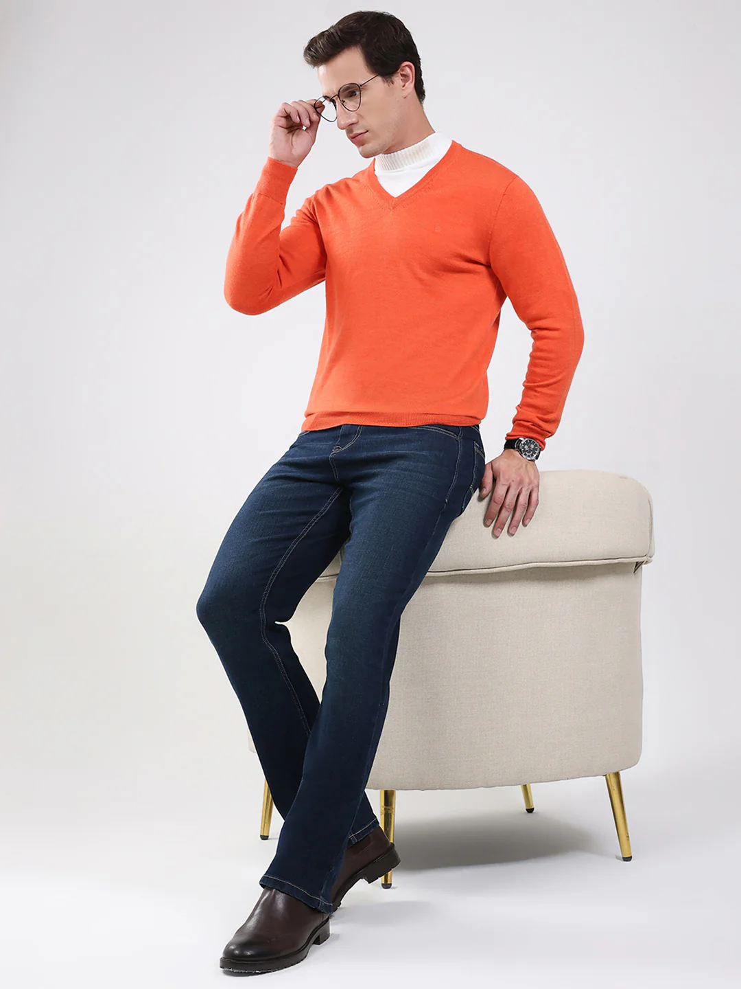 Luxuria Men Orange Solid V Neck Full Sleeve Pullover - Image 2