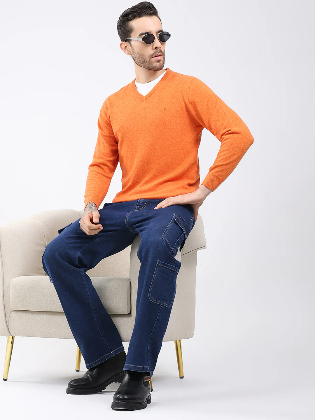 Luxuria Men Orange Solid V Neck Full Sleeve Pullover - Image 2