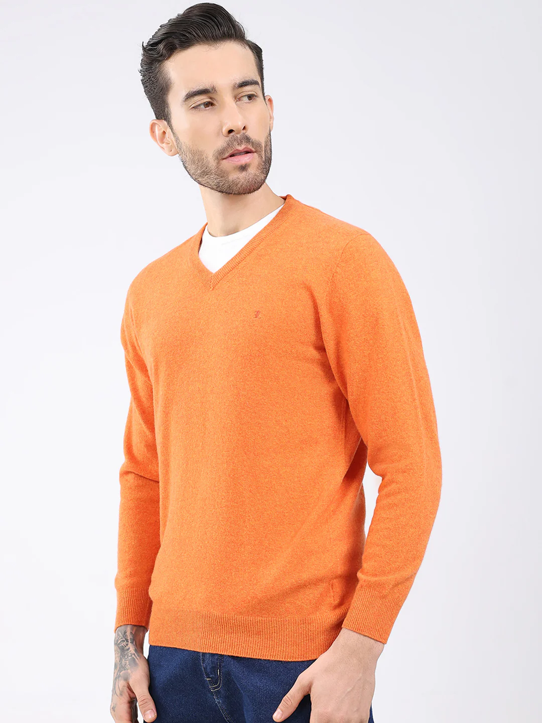 Luxuria Men Orange Solid V Neck Full Sleeve Pullover - Image 3