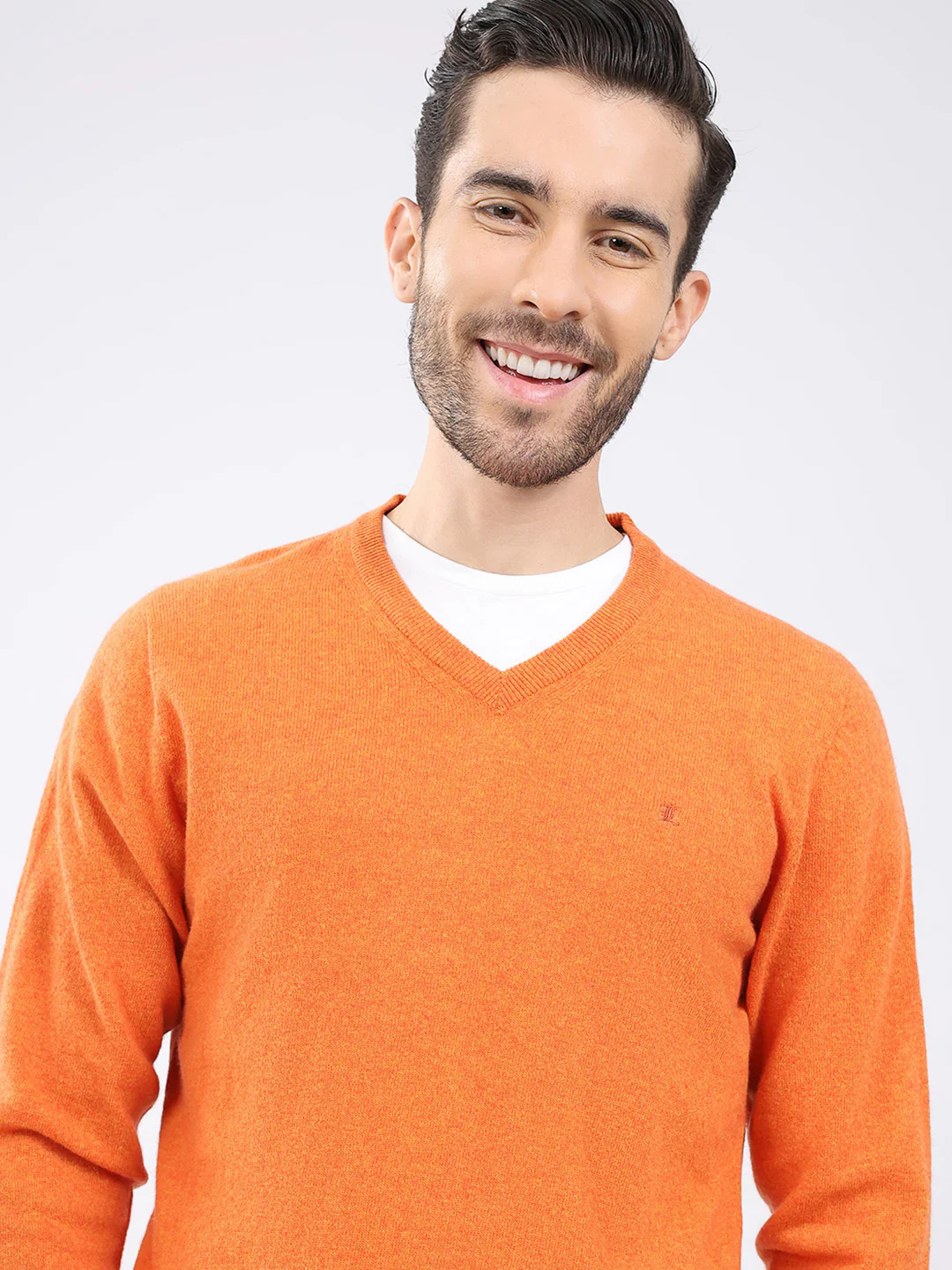 Luxuria Men Orange Solid V Neck Full Sleeve Pullover - Image 6
