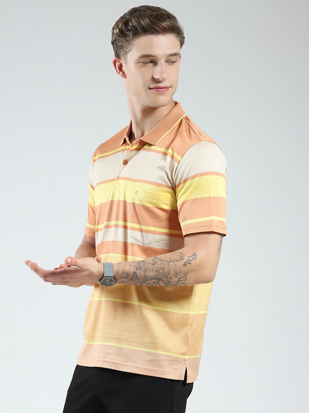 Luxuria Men Orange Stripe Collar Half Sleeve T-Shirt - Image 3