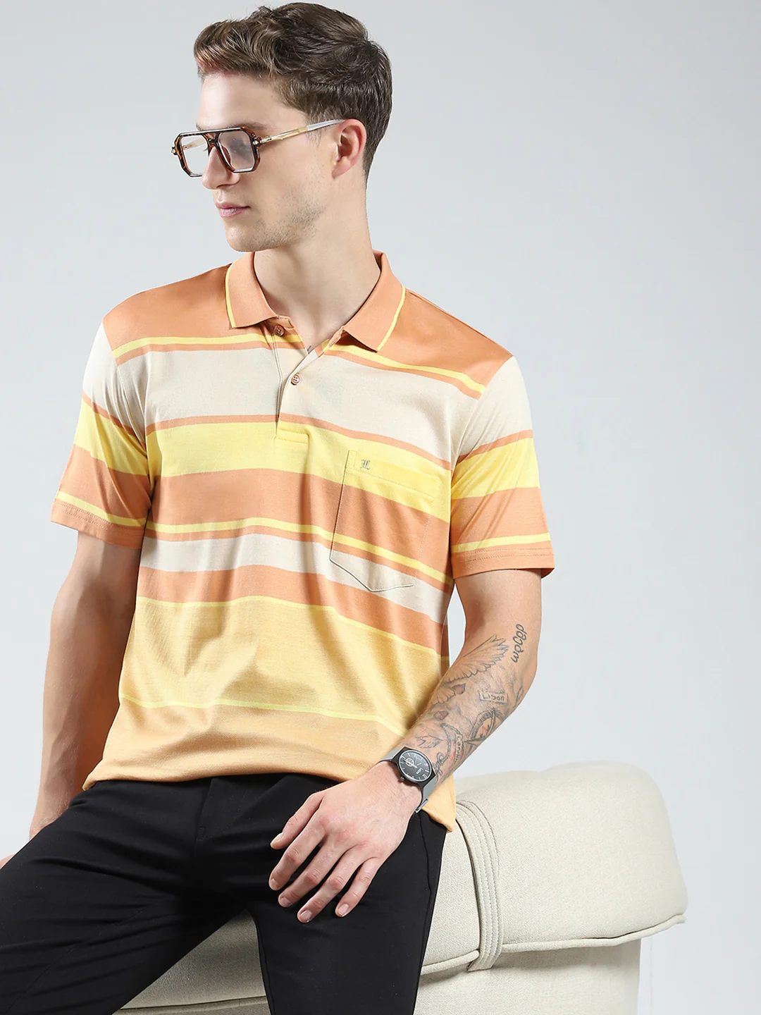 Luxuria Men Orange Stripe Collar Half Sleeve T-Shirt - Image 6