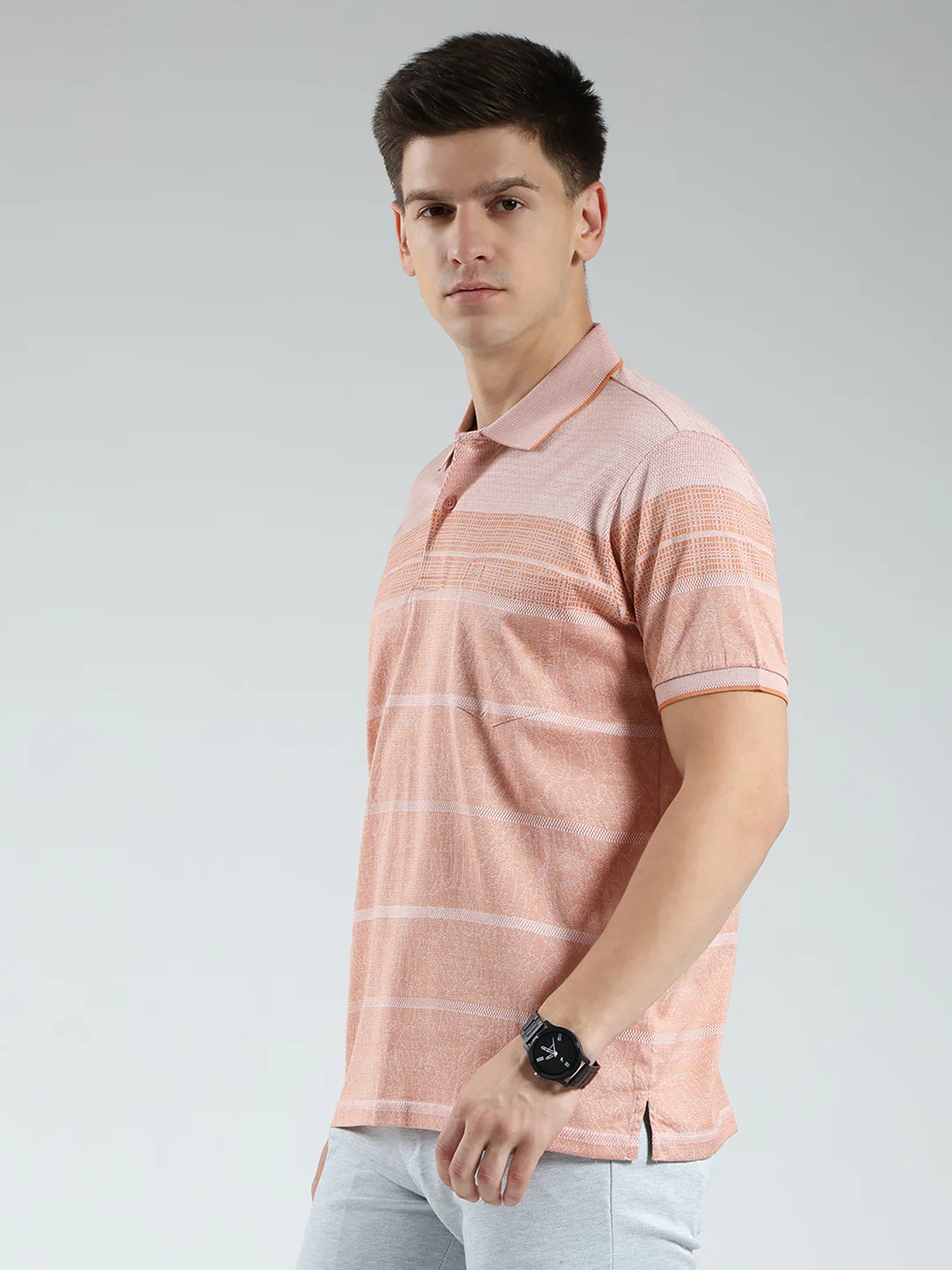 Luxuria Men Orange Stripe Collar Half Sleeve T-Shirt - Image 3