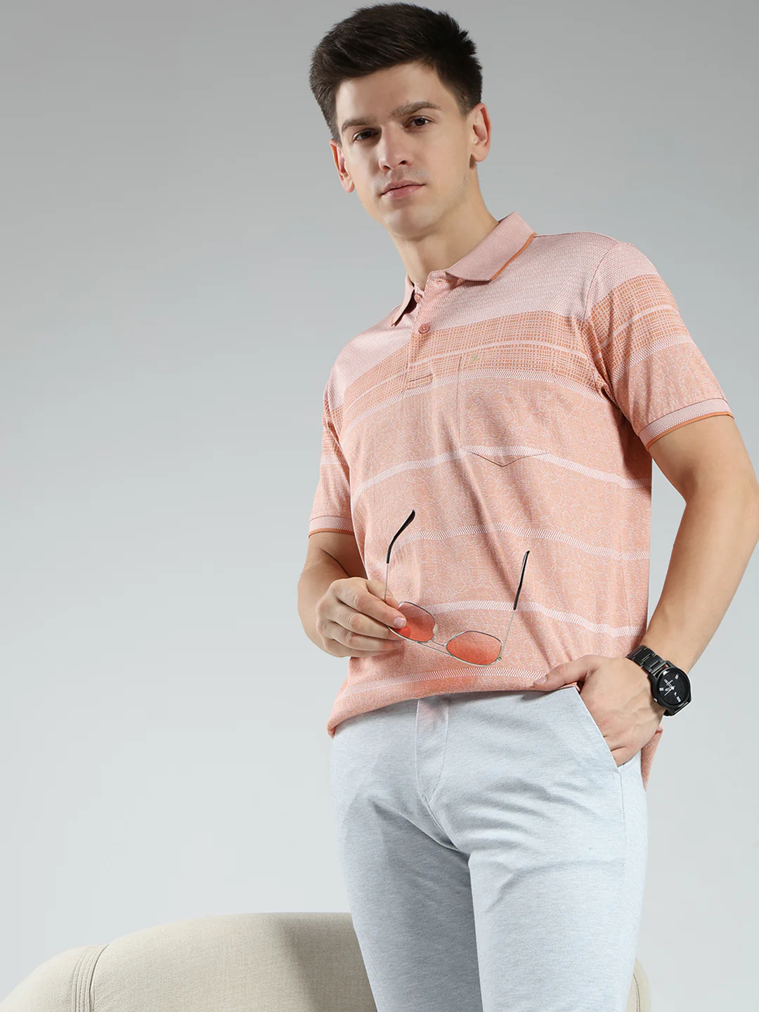 Luxuria Men Orange Stripe Collar Half Sleeve T-Shirt - Image 6
