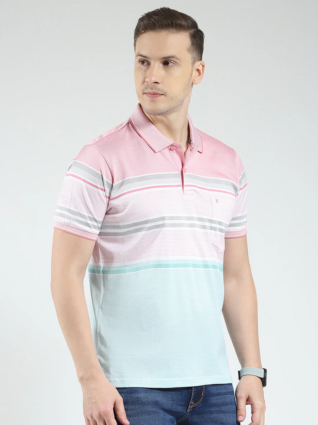 Luxuria Men Pink Stripe Collar Half Sleeve T-Shirt - Image 4
