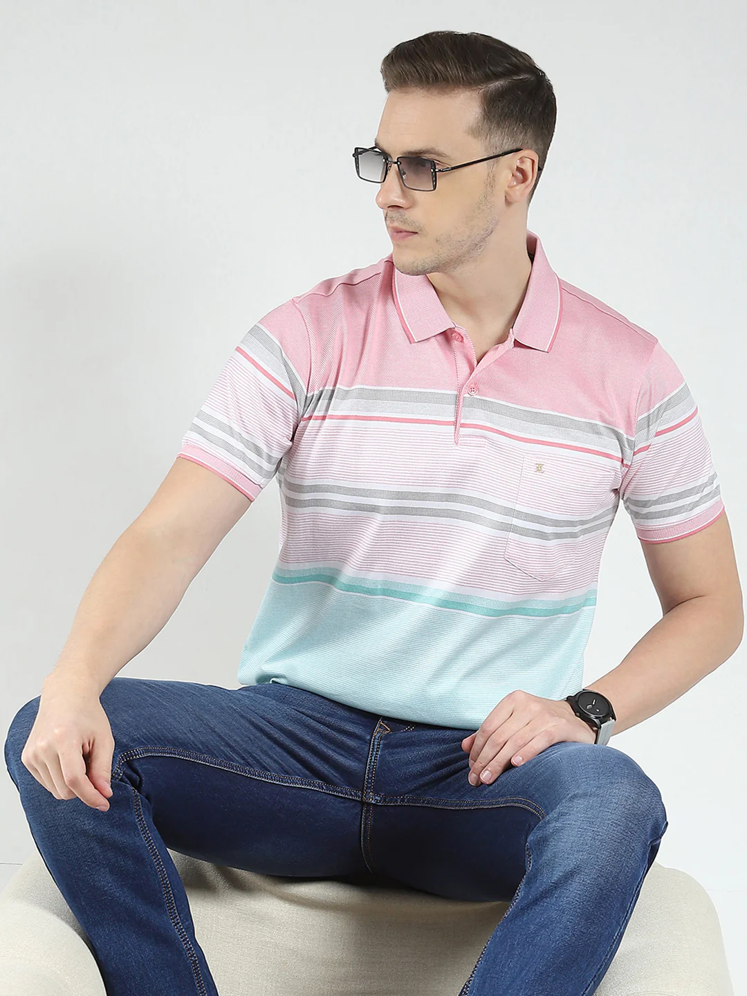 Luxuria Men Pink Stripe Collar Half Sleeve T-Shirt - Image 6