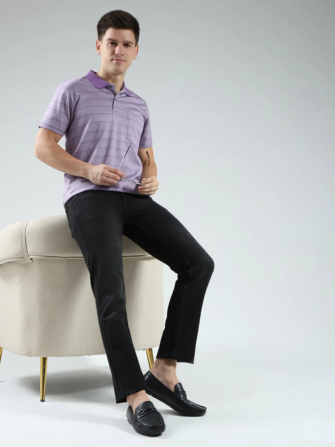 Luxuria Men Purple Stripe Collar Half Sleeve T-Shirt - Image 2