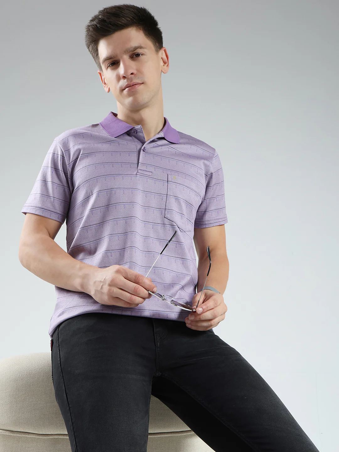 Luxuria Men Purple Stripe Collar Half Sleeve T-Shirt - Image 6