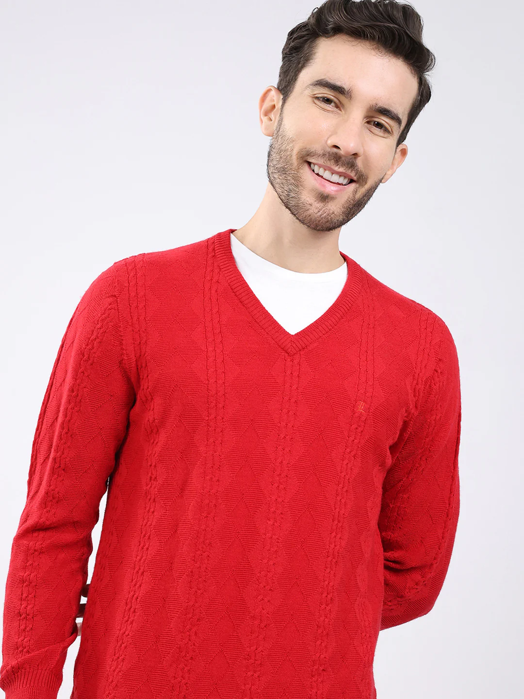 Luxuria Men Red Self Design V Neck Full Sleeve Pullover - Image 7