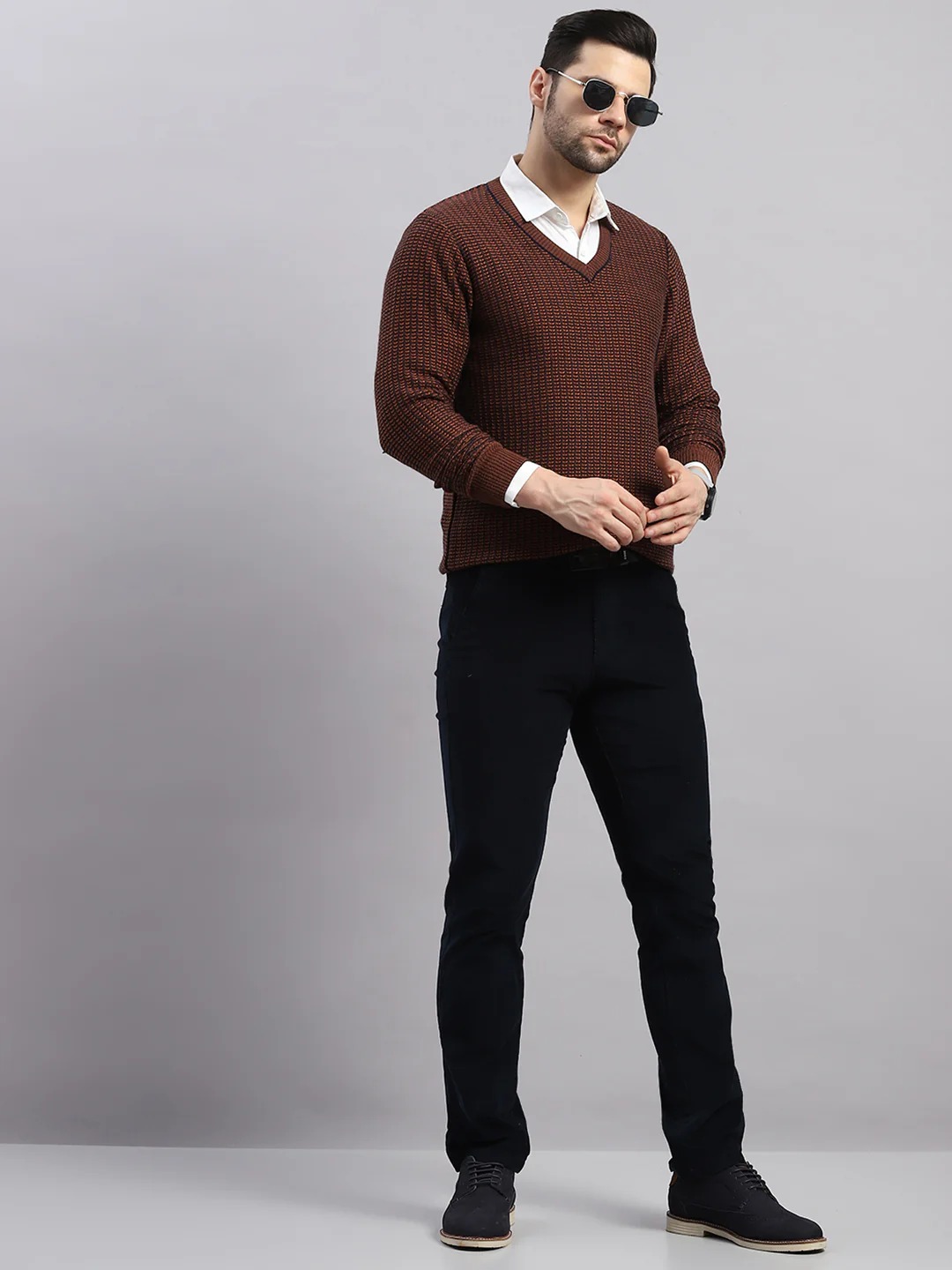 Luxuria Men Rust Printed V Neck Full Sleeve Pullover - Image 2