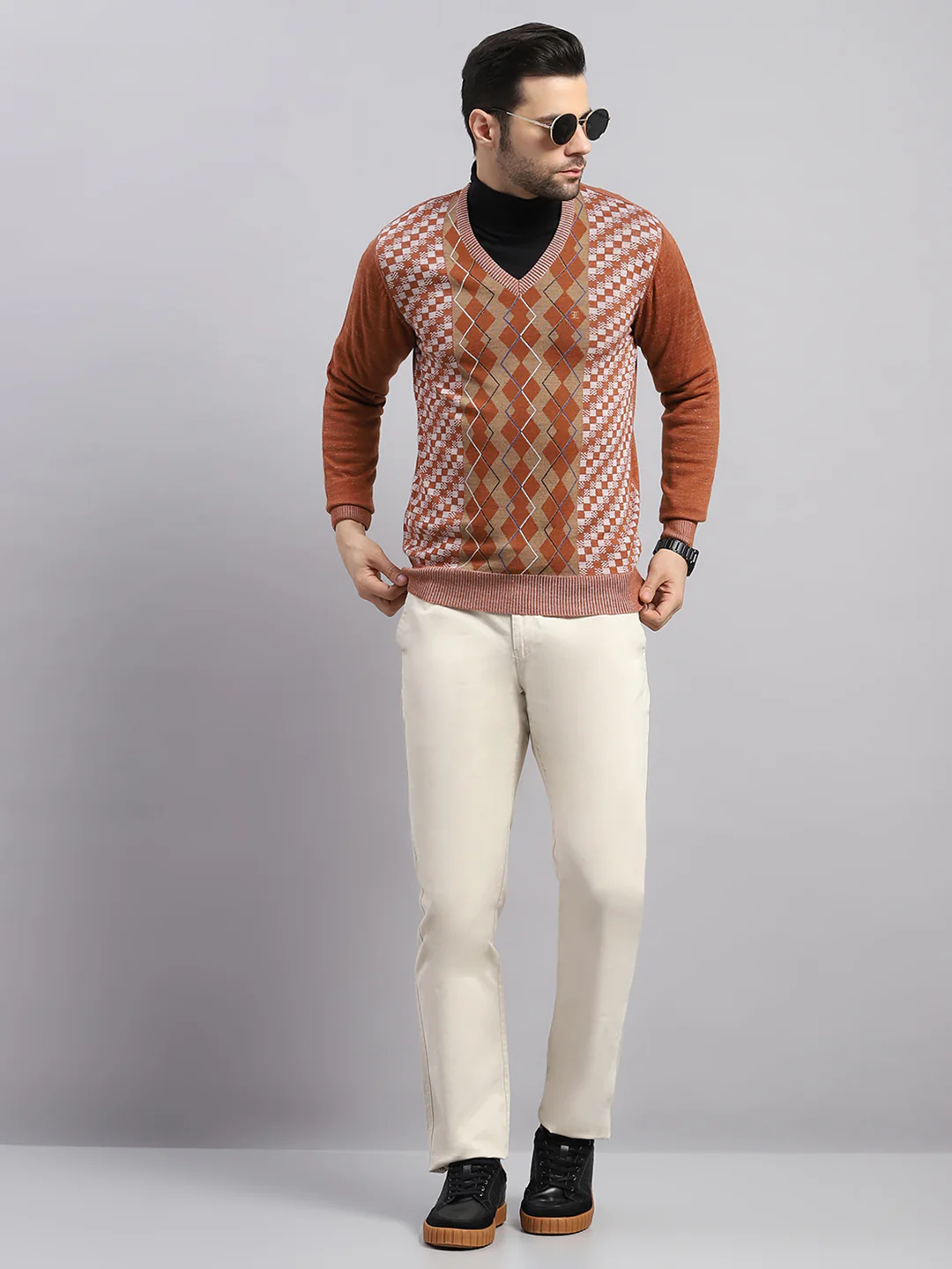 Luxuria Men Rust Printed V Neck Full Sleeve Pullover - Image 2