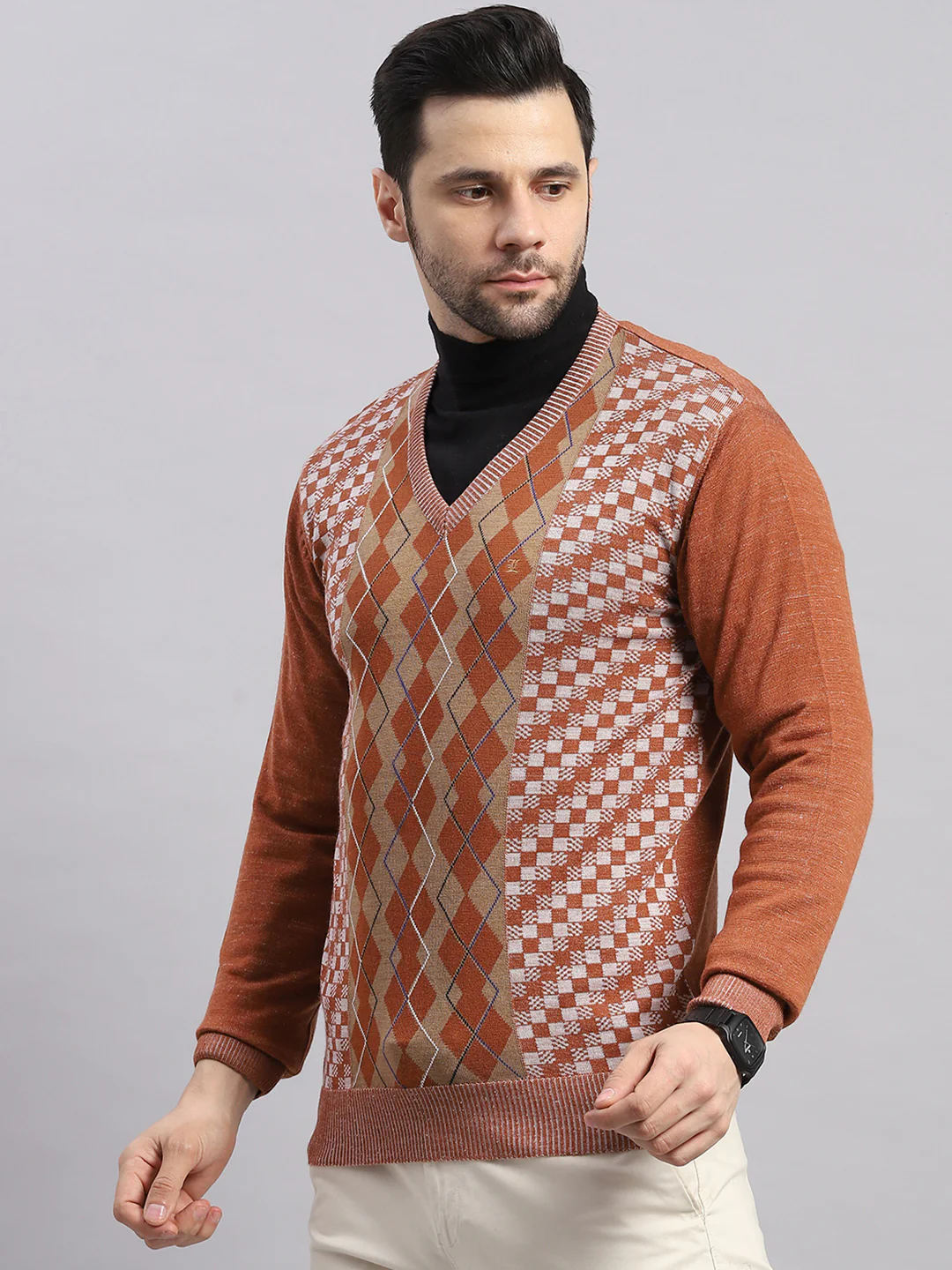 Luxuria Men Rust Printed V Neck Full Sleeve Pullover - Image 3