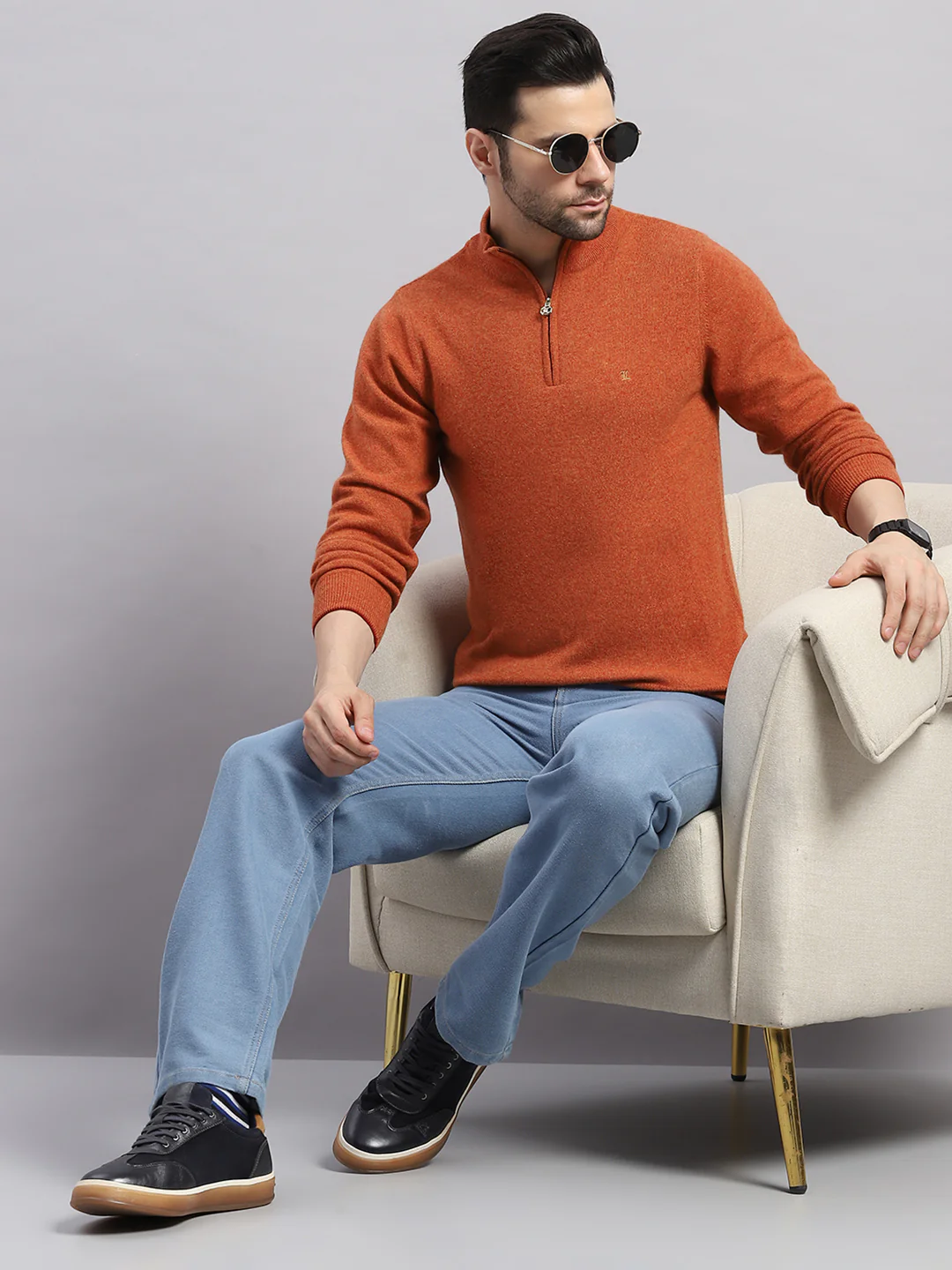 Luxuria Men Rust Solid Collar Full Sleeve Pullover - Image 2