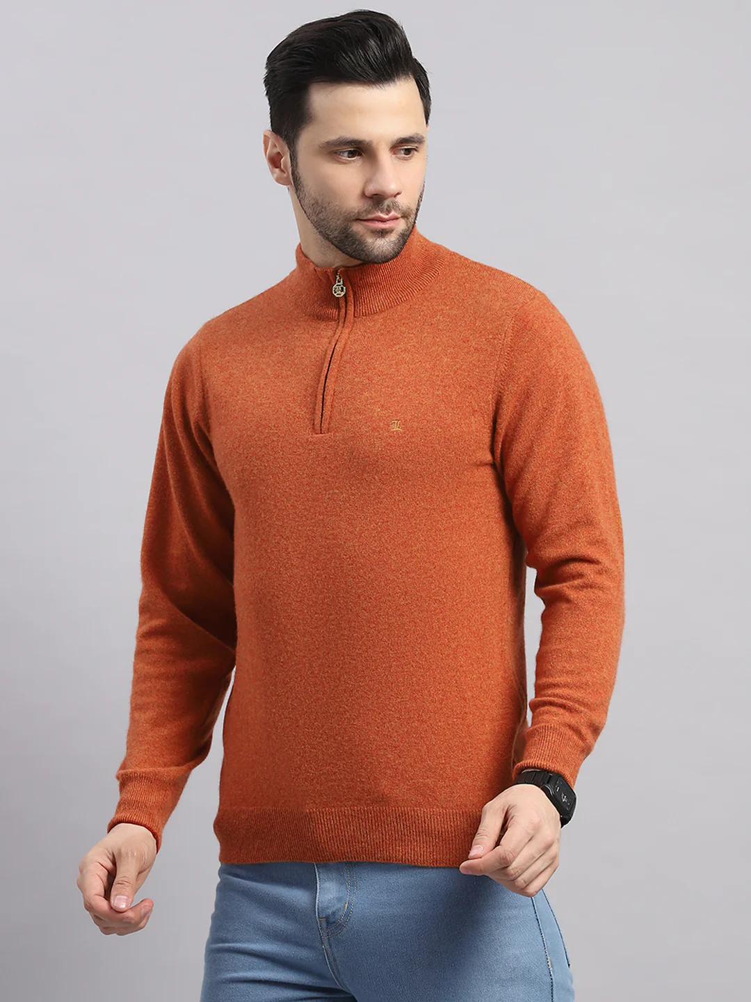 Luxuria Men Rust Solid Collar Full Sleeve Pullover - Image 3