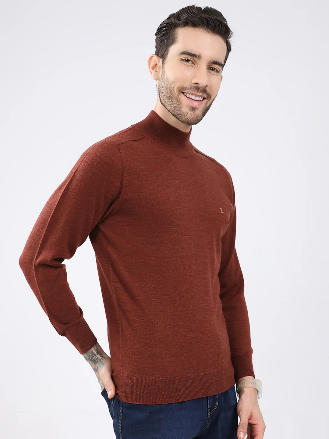 Luxuria Men Rust Solid High Neck Full Sleeve Pullover - Image 4