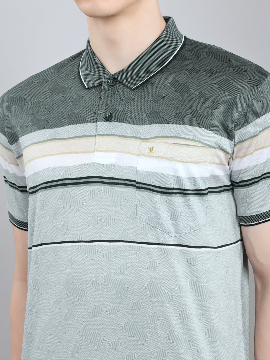 Luxuria Men Sea Green Stripe Collar Half Sleeve T-Shirt - Image 5