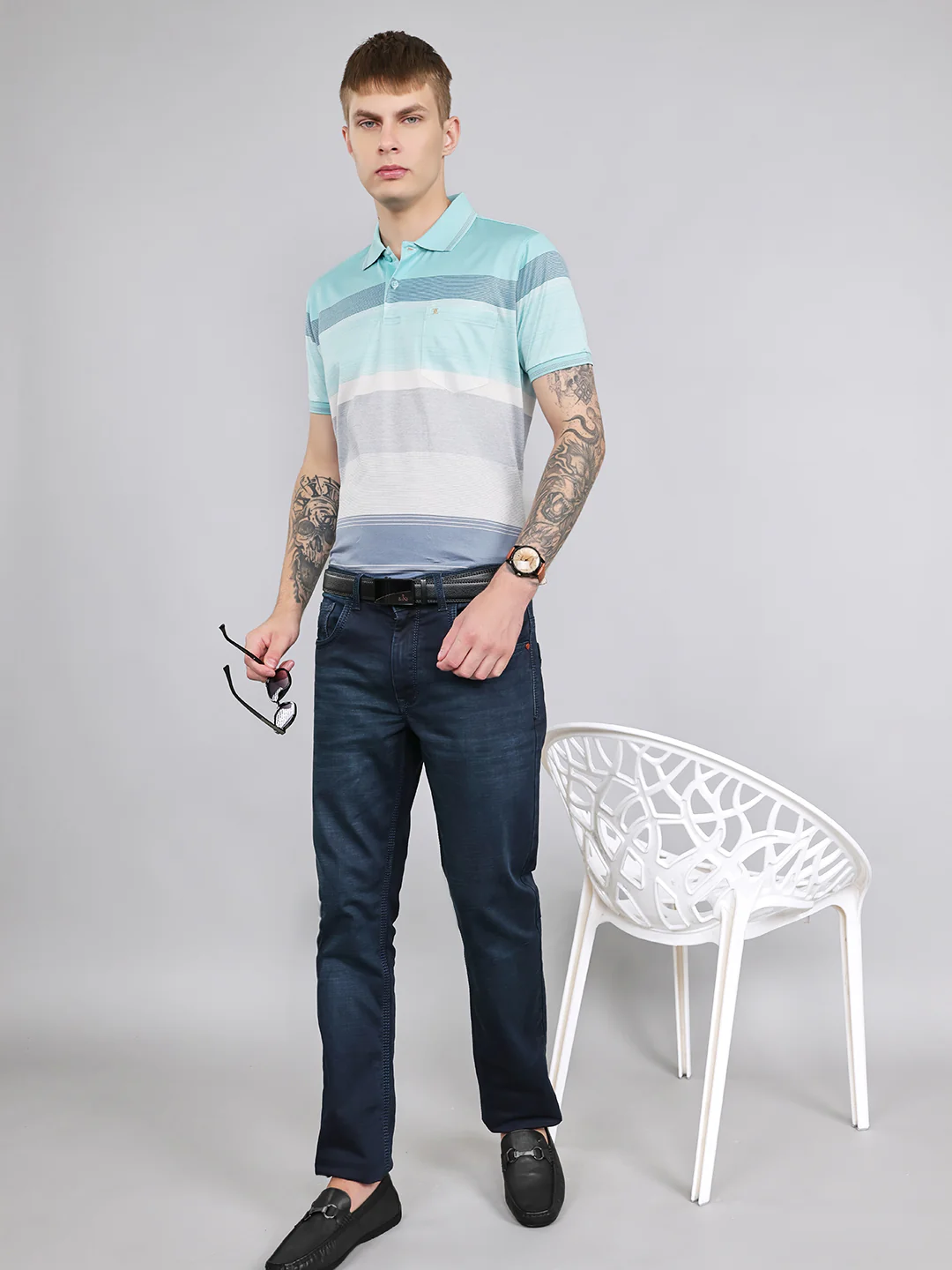 Luxuria Men Sky Blue Printed Polo Collar Half Sleeve T-Shirt - Image 6